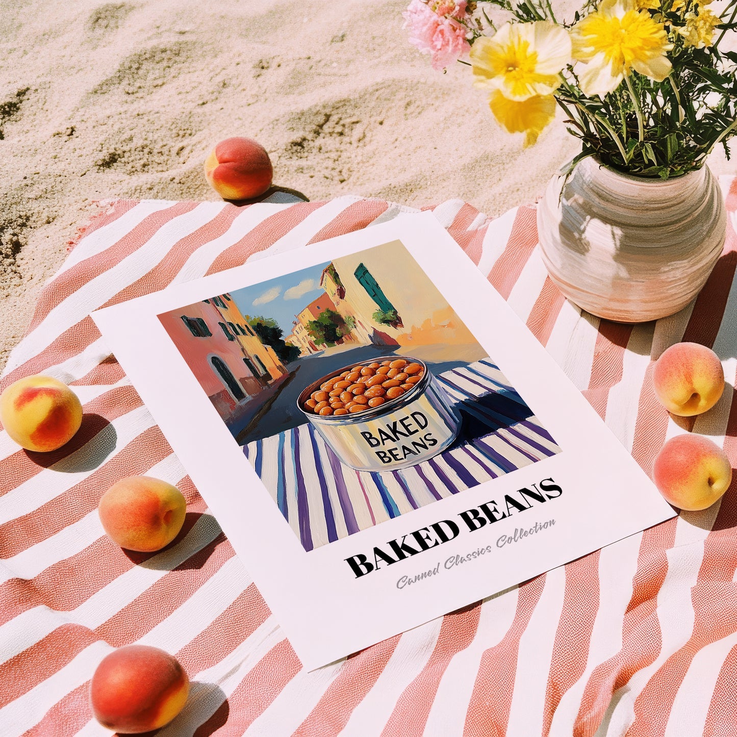 Baked Beans – Italian Outdoor Café Scene, Canned Vegetables Illustration, unframed on coastal sand