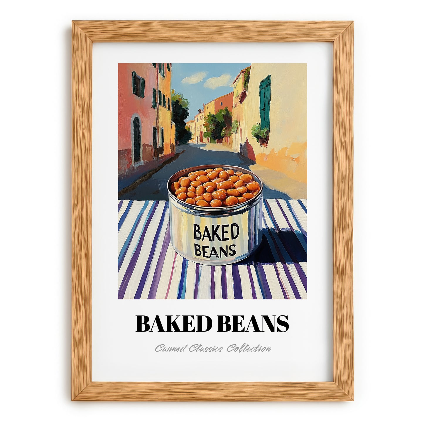 Baked Beans – Italian Outdoor Café Scene, Canned Vegetables Illustration, set in oak frame