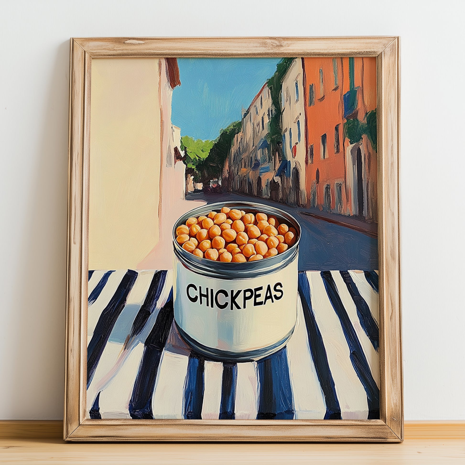 Chickpeas – Italian Café on the Corner, Canned Vegetables Illustration, no-text version framed in wood