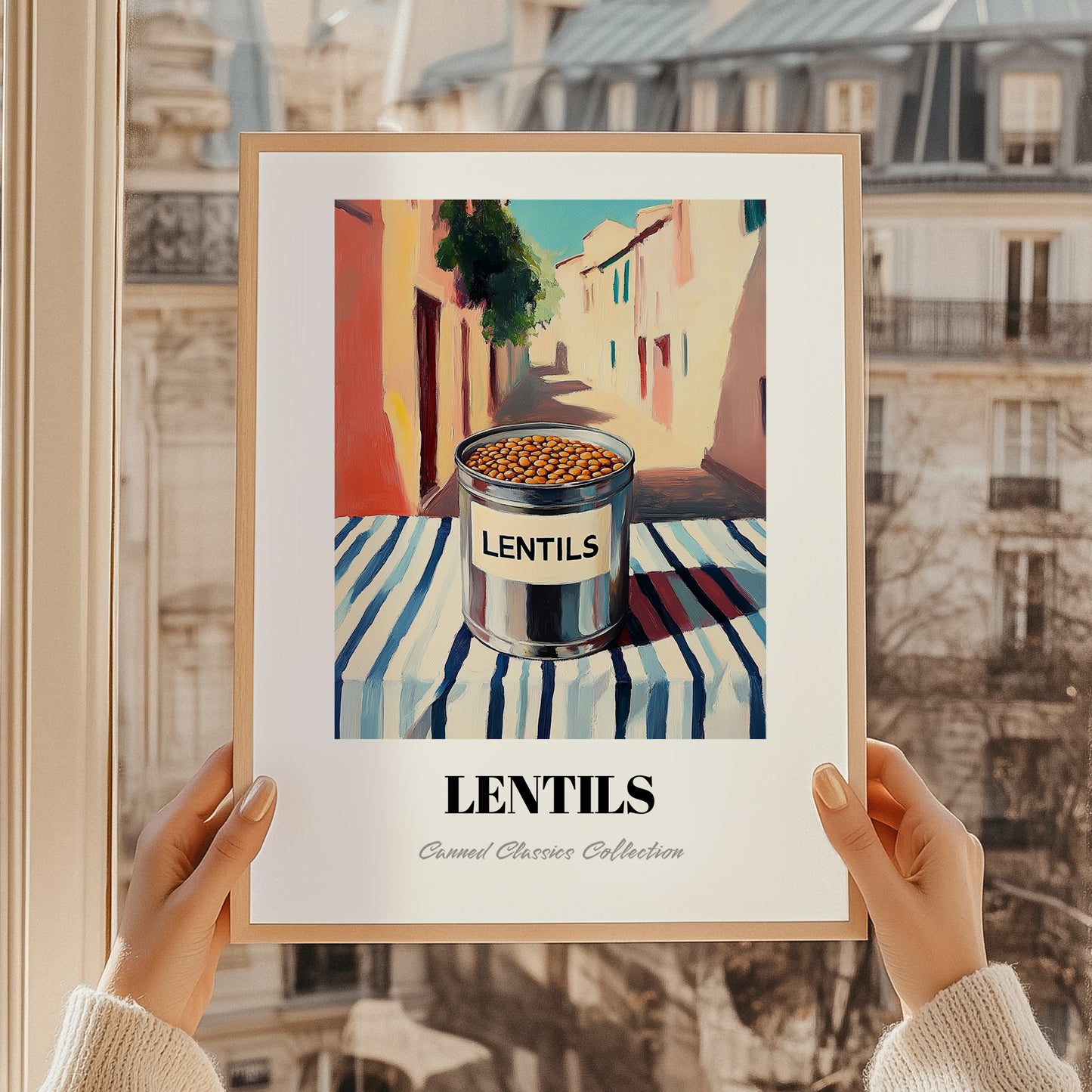 Lentils – Italian Outdoor Café Scene, Canned Vegetables Wall Art, styled in a charming Paris street view