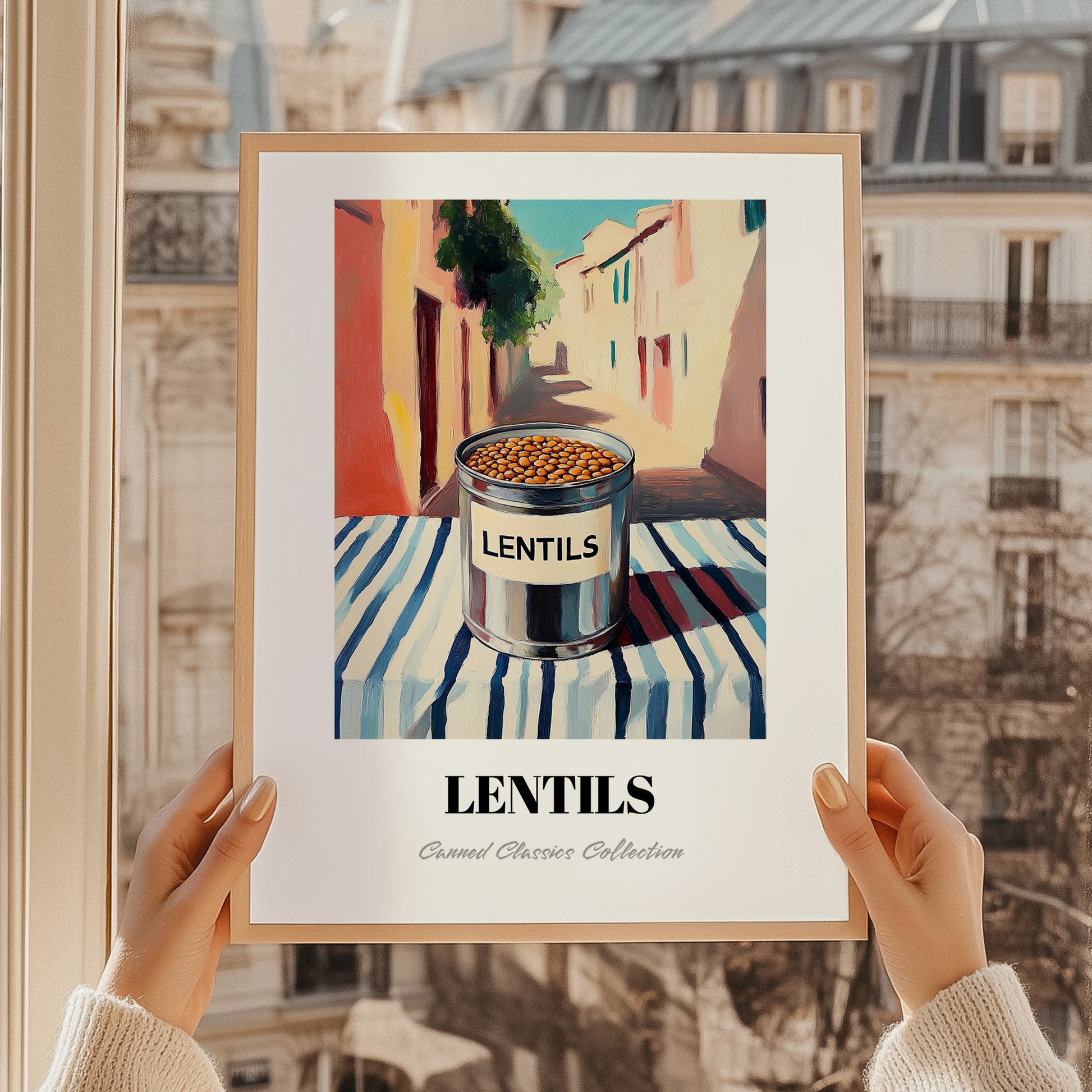 Lentils – Italian Outdoor Café Scene, Canned Vegetables Wall Art, styled in a charming Paris street view