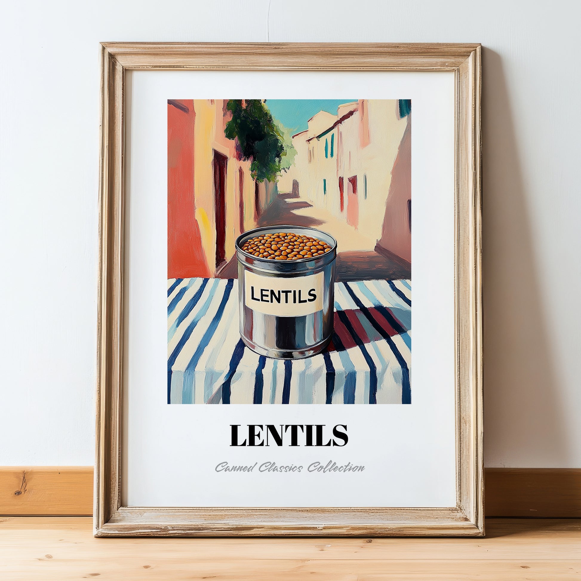 Lentils – Italian Outdoor Café Scene, Canned Vegetables Wall Art, in wooden frame leaning on the floor