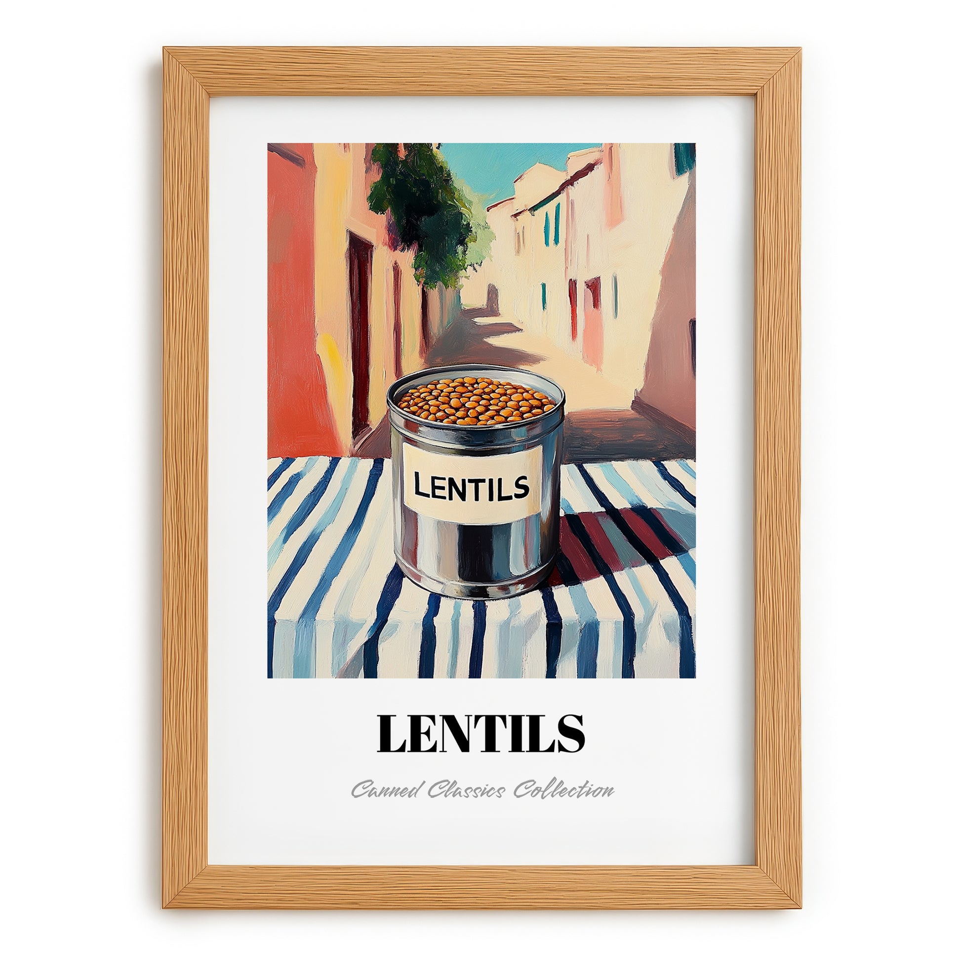 Lentils – Italian Outdoor Café Scene, Canned Vegetables Wall Art, set in oak frame