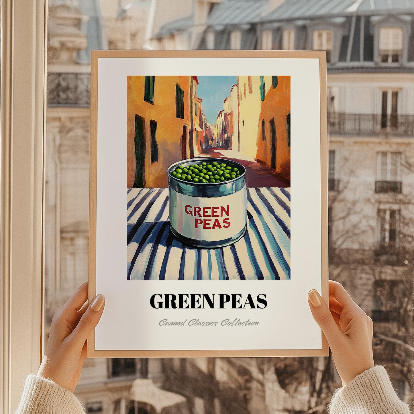 Green Peas – Italian Outdoor Café Scene, Canned Vegetables Wall Art, styled in a charming Paris street view