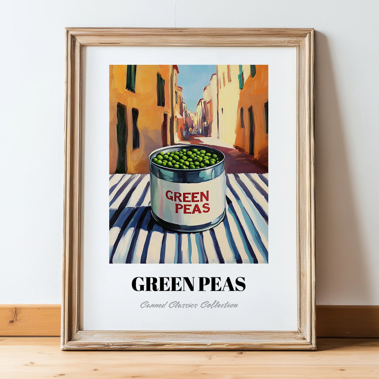 Green Peas – Italian Outdoor Café Scene, Canned Vegetables Wall Art, in wooden frame leaning on the floor