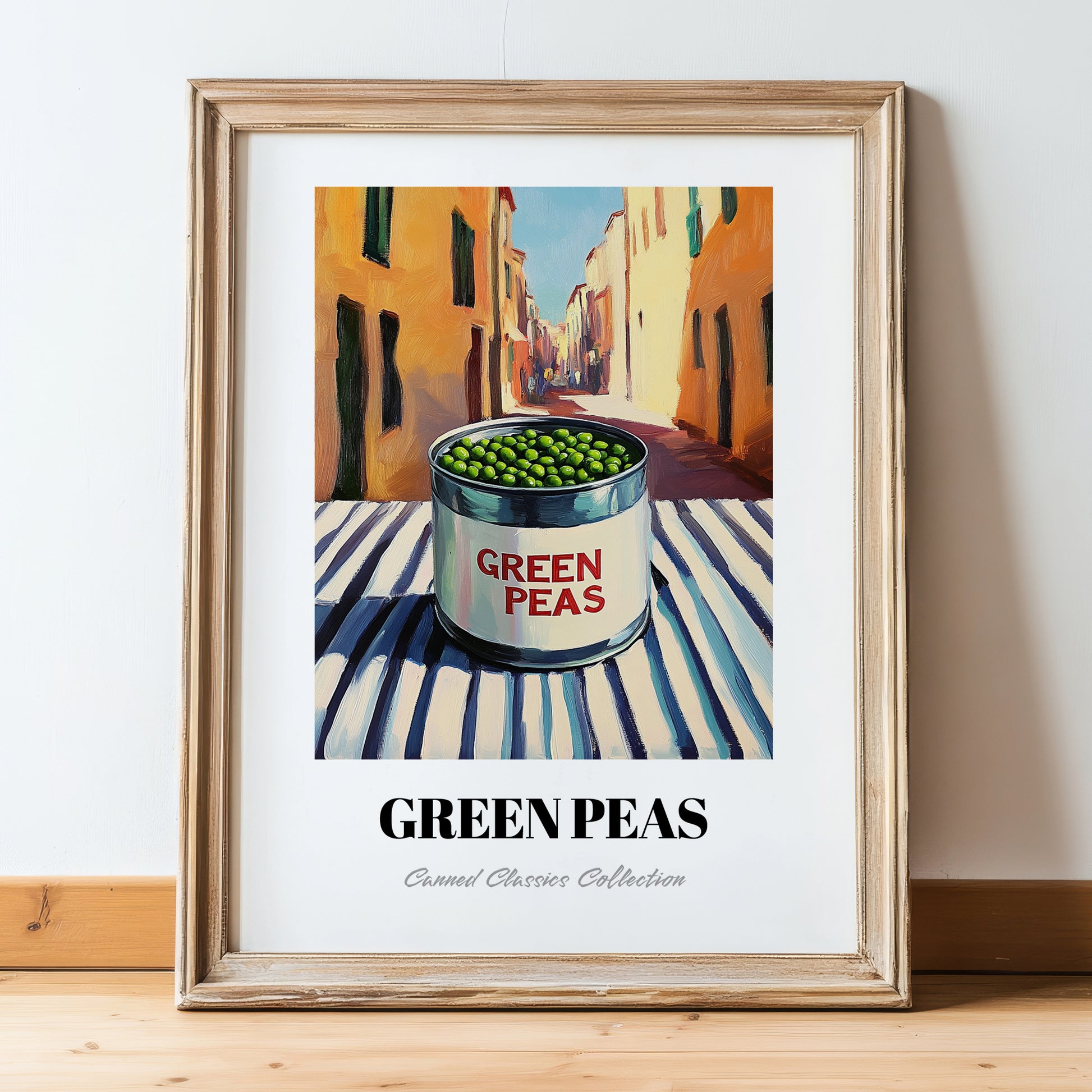 Green Peas – Italian Outdoor Café Scene, Canned Vegetables Wall Art, in wooden frame leaning on the floor