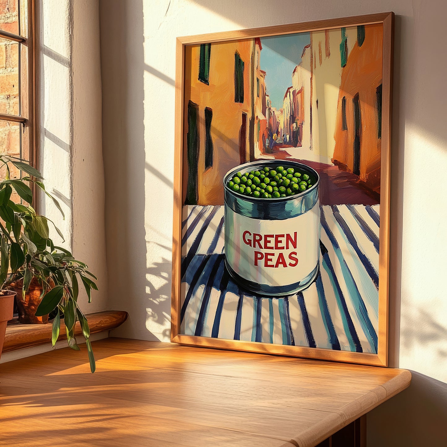 Green Peas – Italian Outdoor Café Scene, Canned Vegetables Wall Art, clean layout with no caption