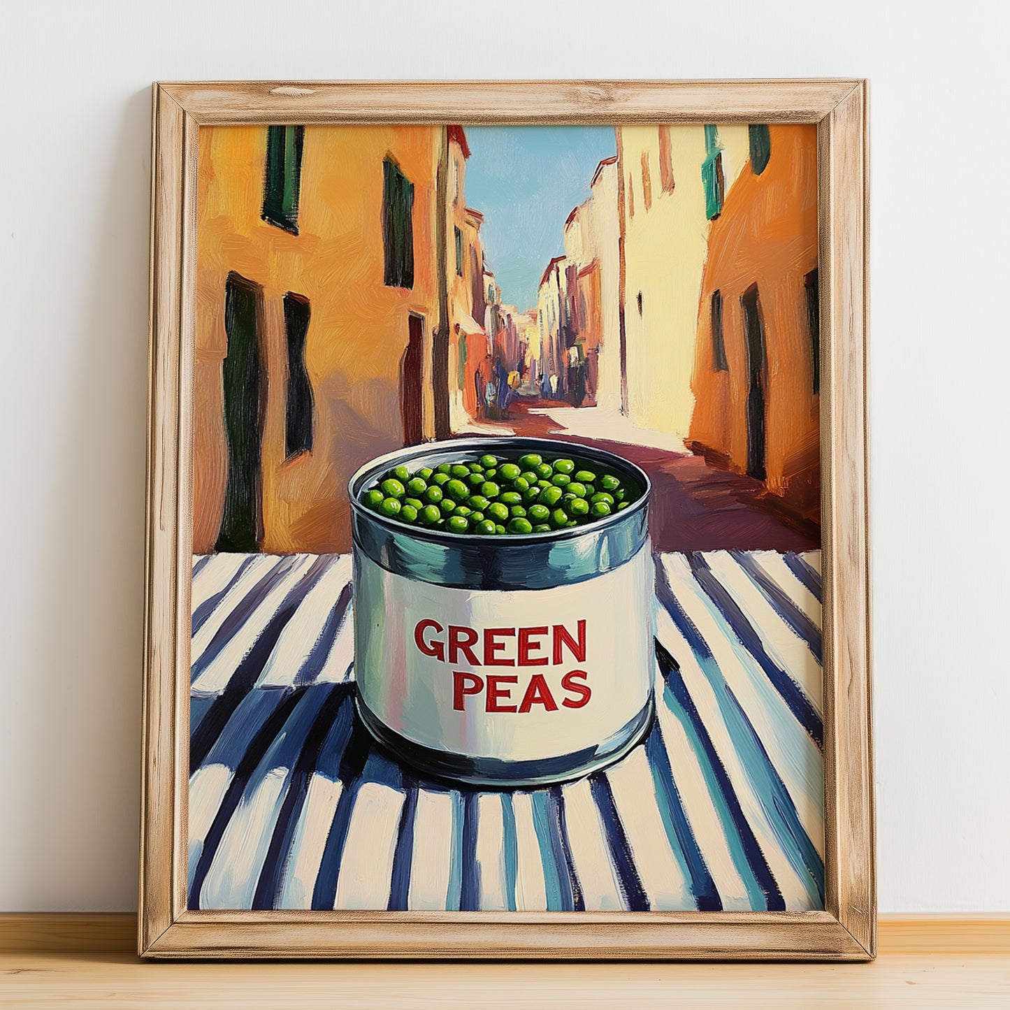Green Peas – Italian Outdoor Café Scene, Canned Vegetables Wall Art, no-text version framed in wood