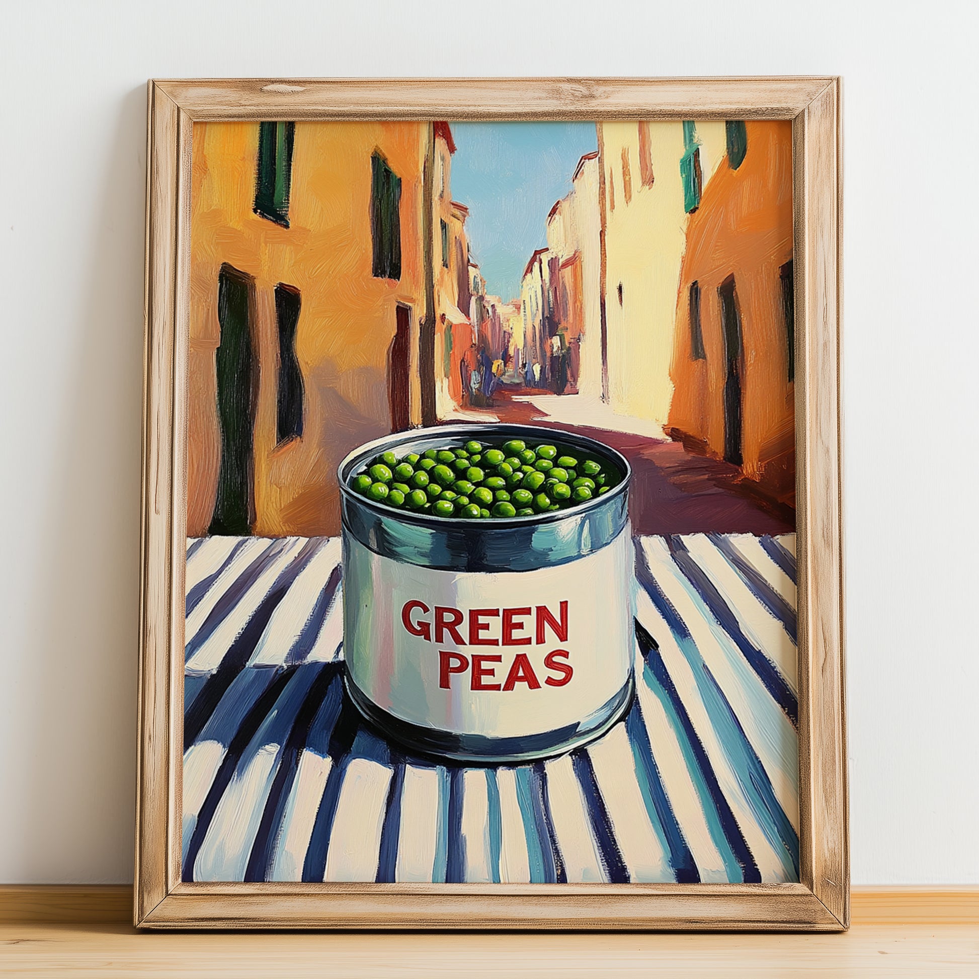 Green Peas – Italian Outdoor Café Scene, Canned Vegetables Wall Art, no-text version framed in wood