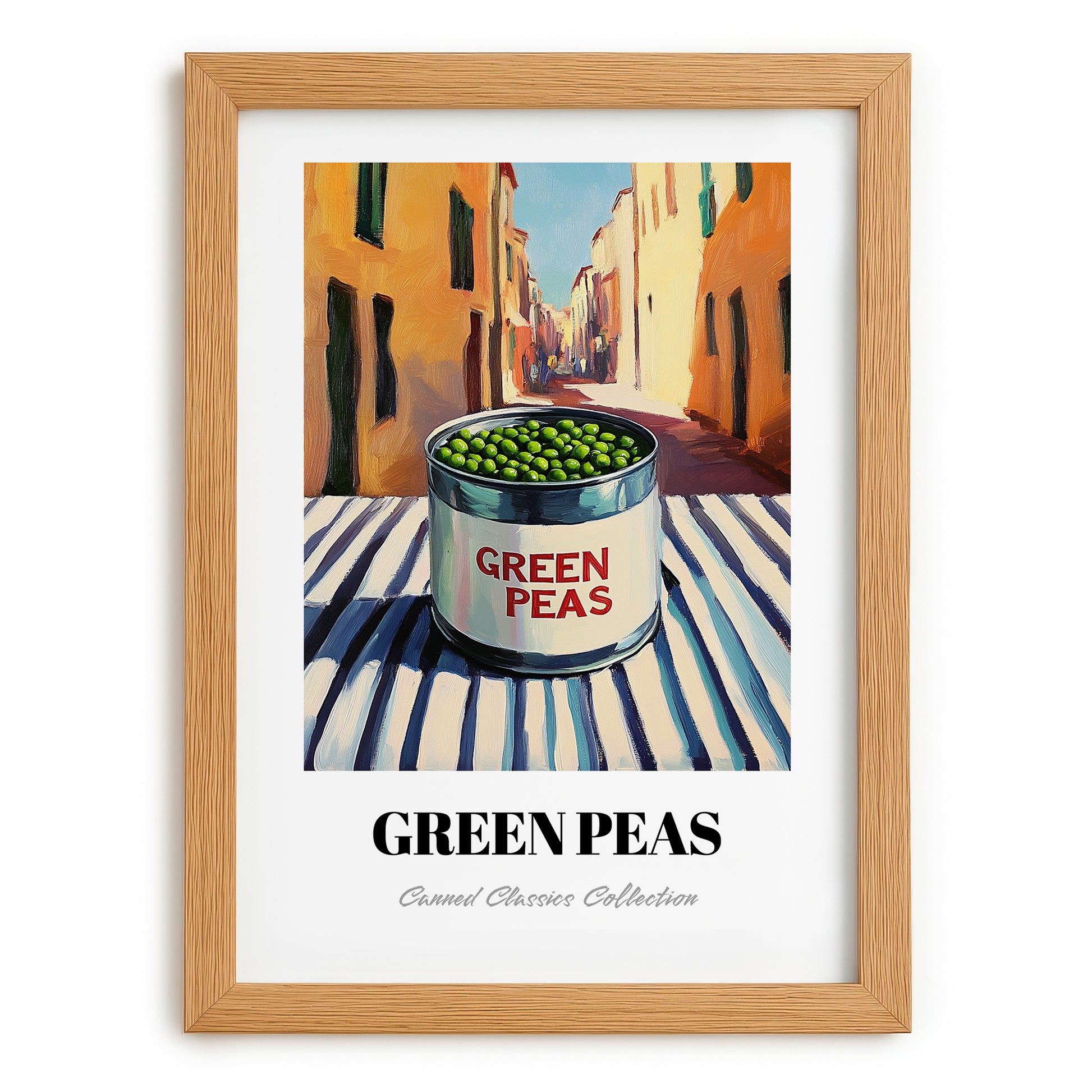 Green Peas – Italian Outdoor Café Scene, Canned Vegetables Wall Art, set in oak frame