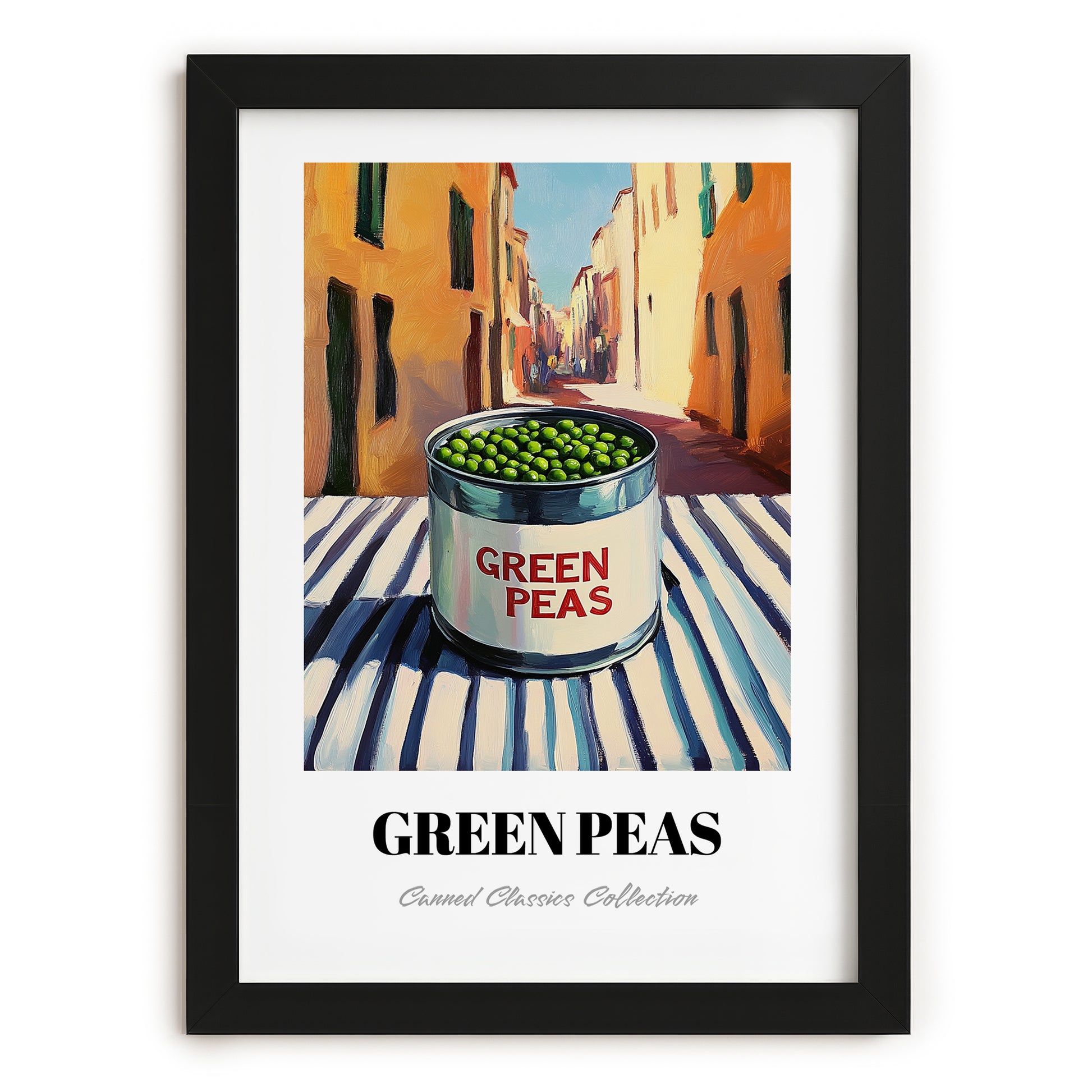 Green Peas – Italian Outdoor Café Scene, Canned Vegetables Wall Art, in sleek black frame
