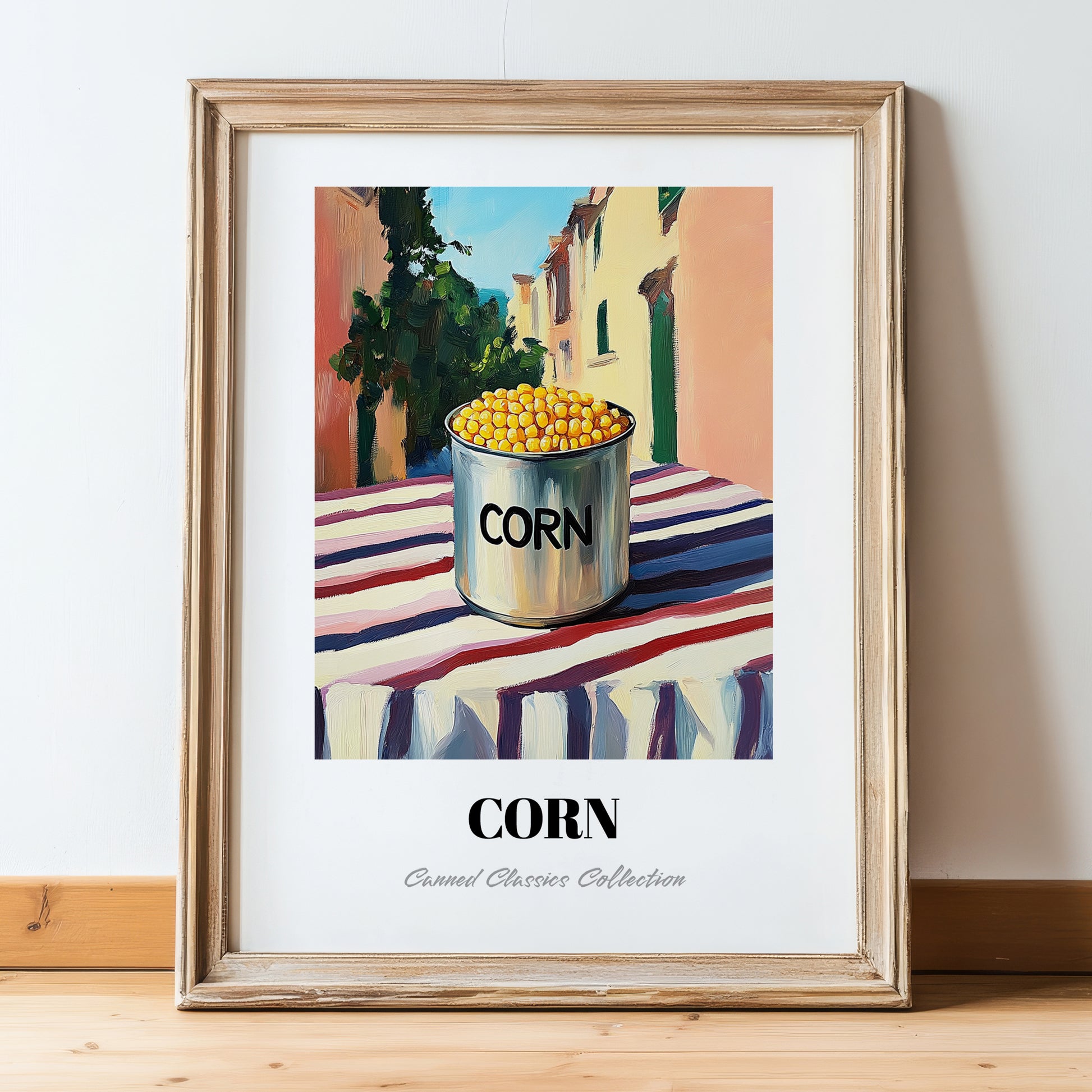 Corn – Italian Urban Café Scene, Canned Vegetables Painting, in wooden frame leaning on the floor