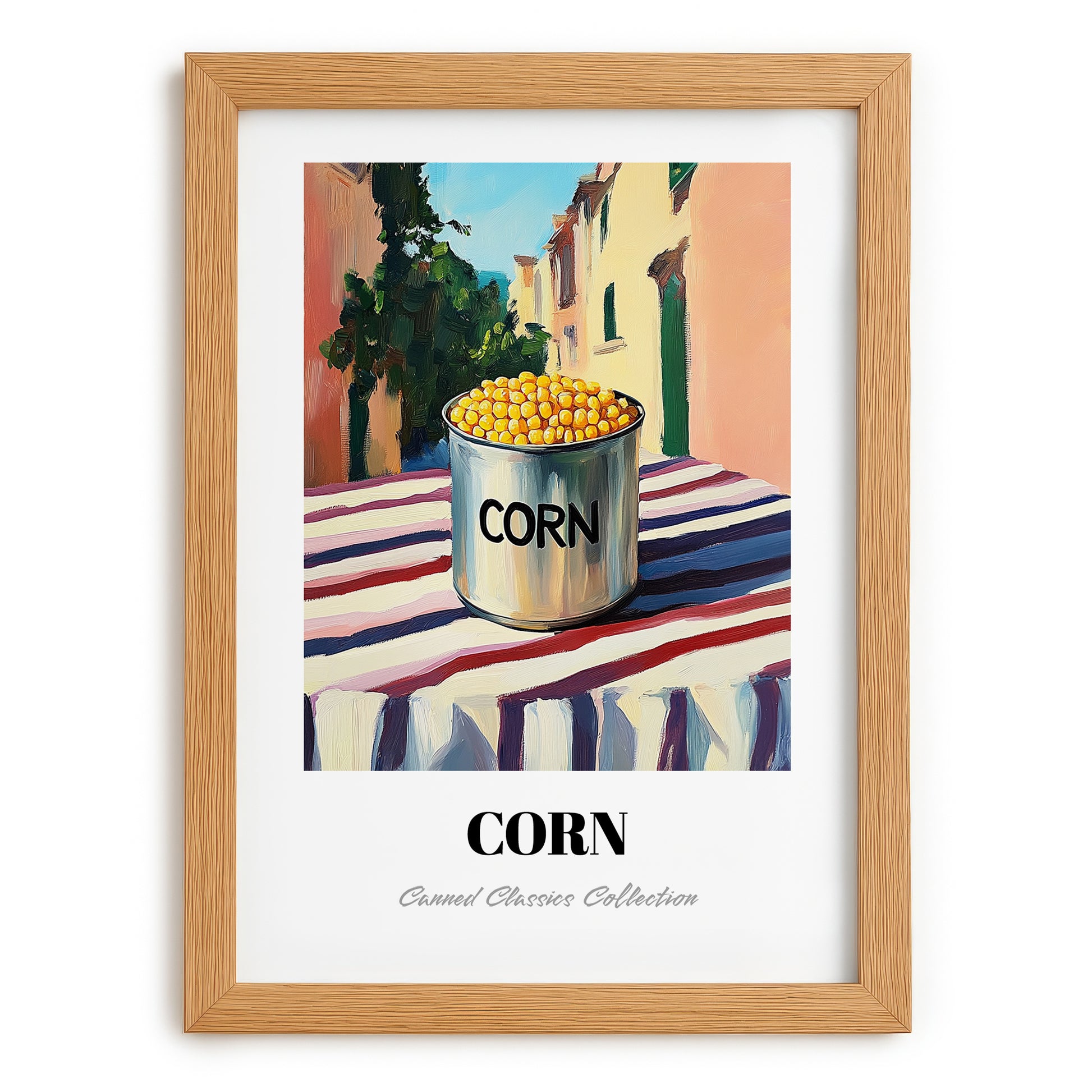 Corn – Italian Urban Café Scene, Canned Vegetables Painting, set in oak frame