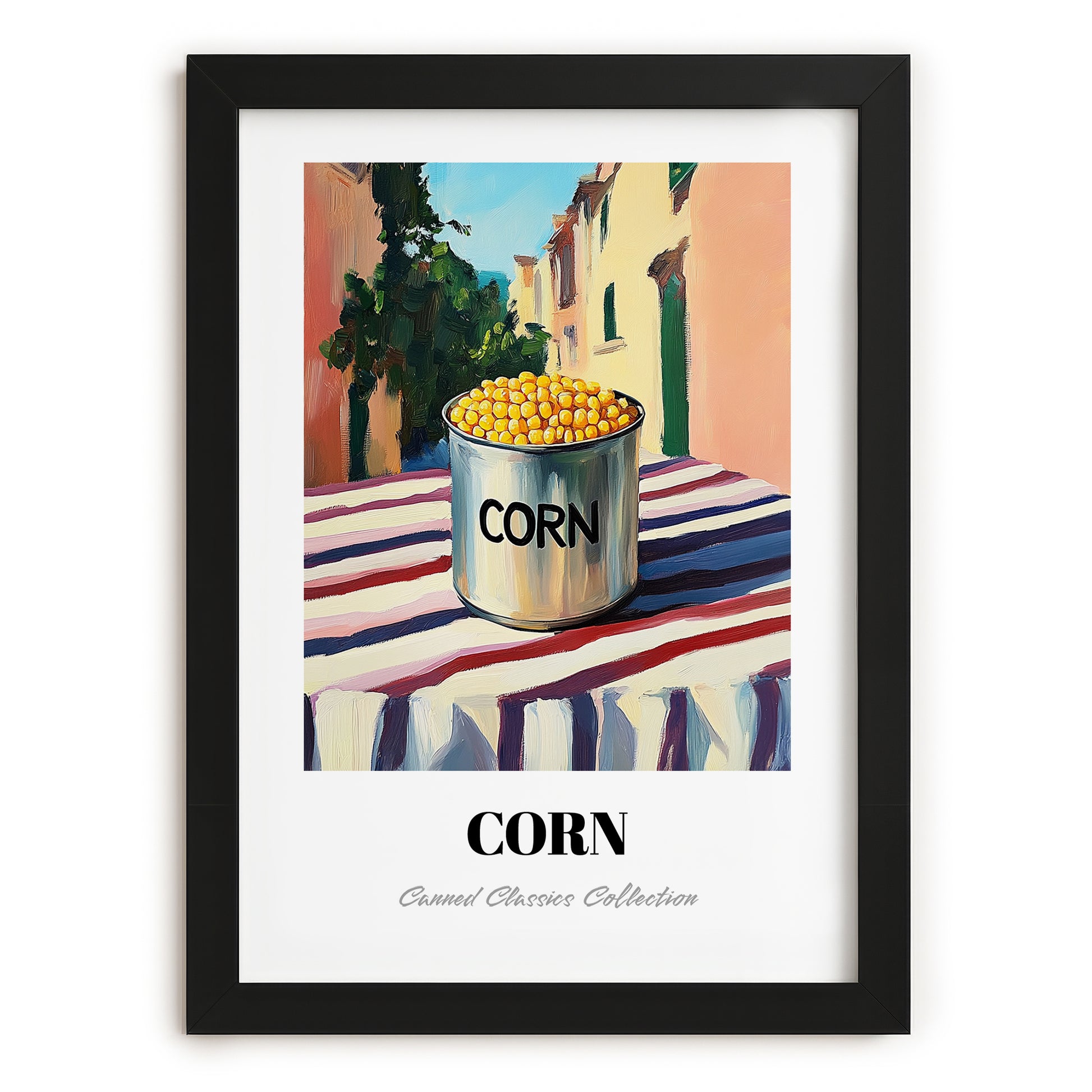 Corn – Italian Urban Café Scene, Canned Vegetables Painting, in sleek black frame