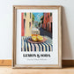Lemon & Soda – Italian Outdoor Café Scene, Lemonade Painting, in wooden frame leaning on the floor