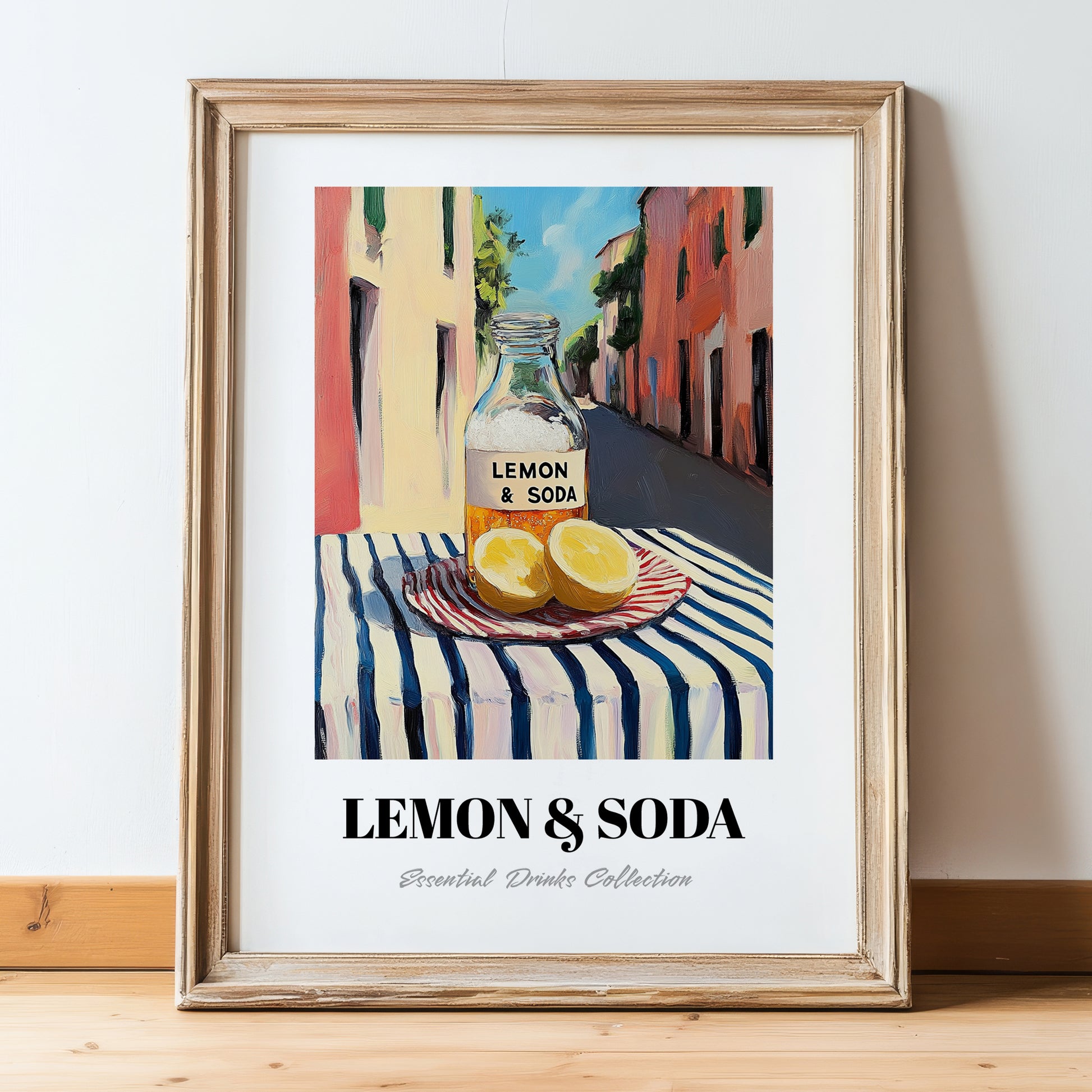 Lemon & Soda – Italian Outdoor Café Scene, Lemonade Painting, in wooden frame leaning on the floor