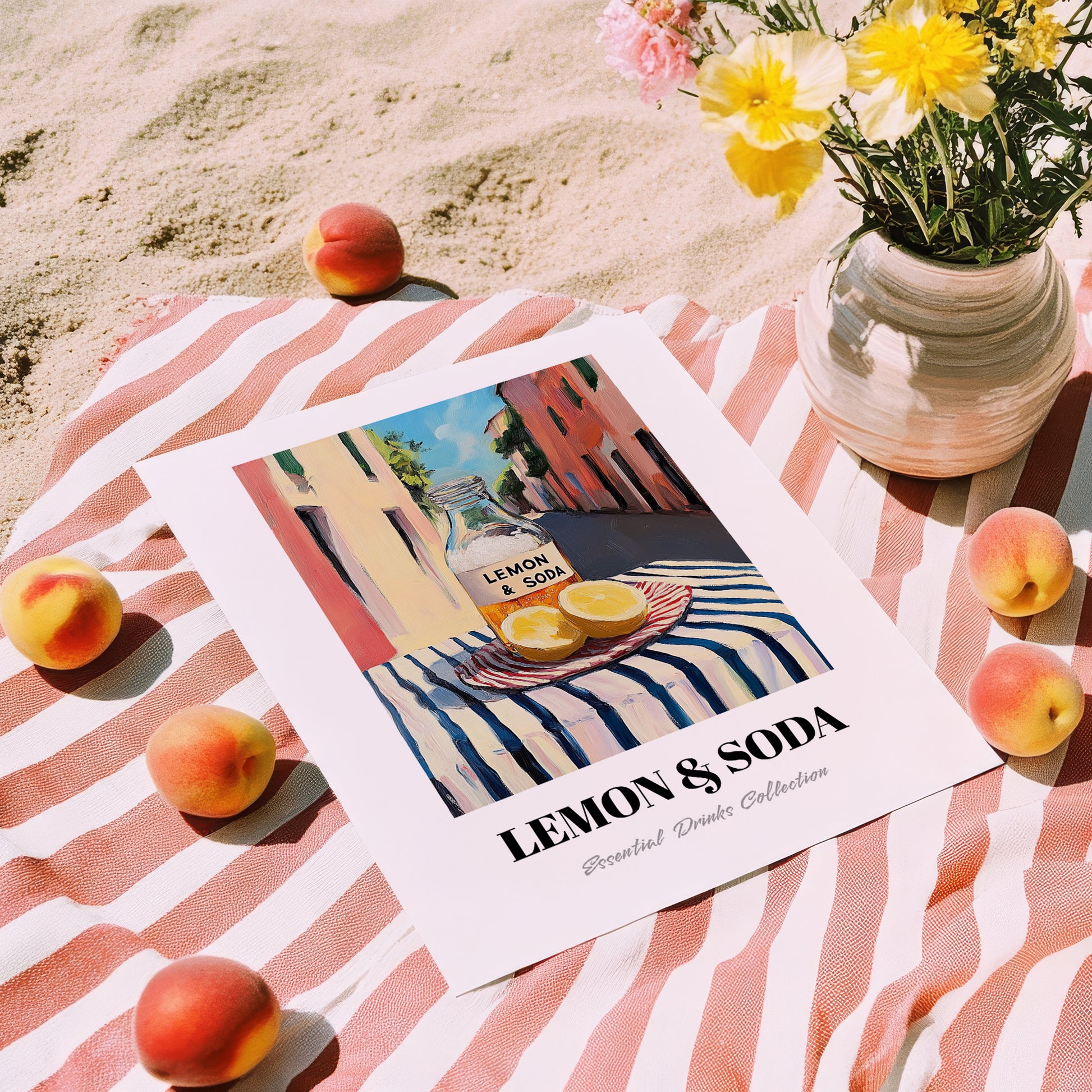 Lemon & Soda – Italian Outdoor Café Scene, Lemonade Painting, unframed on coastal sand