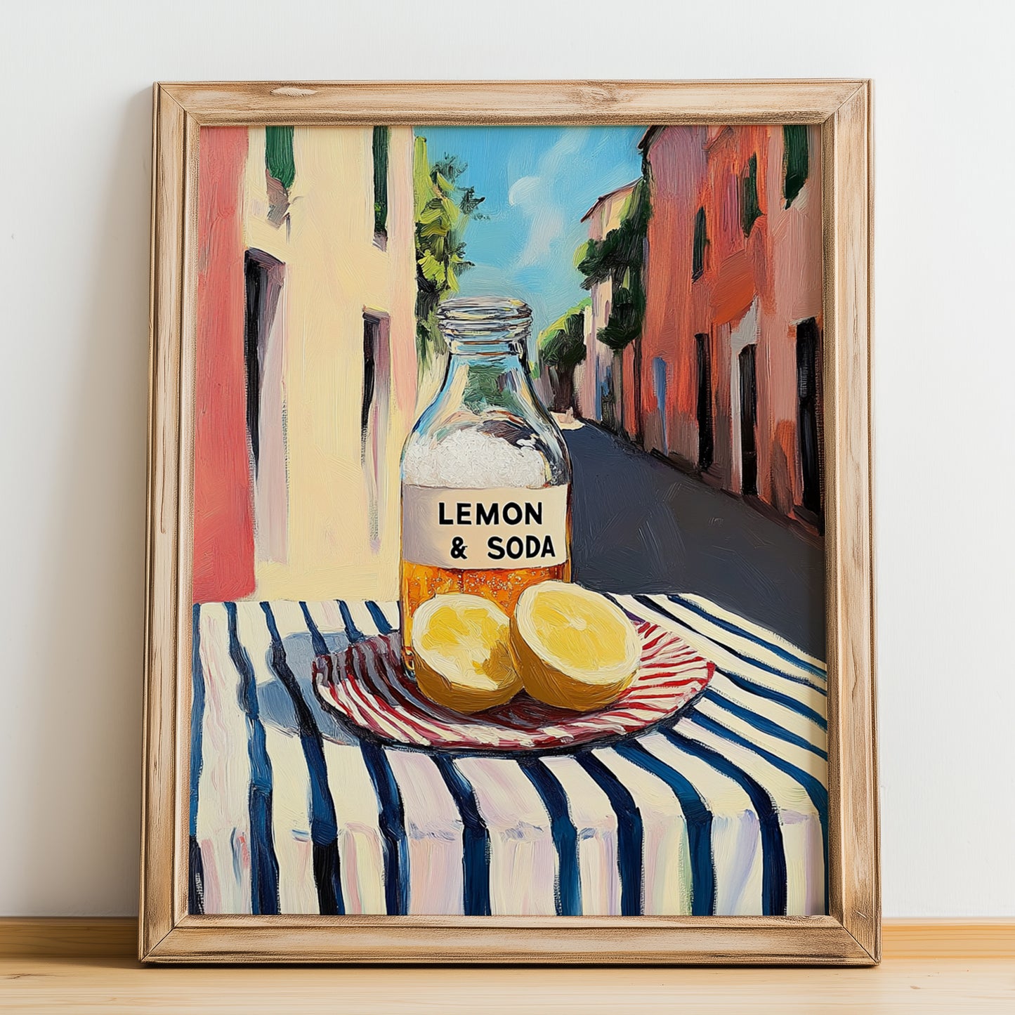 Lemon & Soda – Italian Outdoor Café Scene, Lemonade Painting, no-text version framed in wood