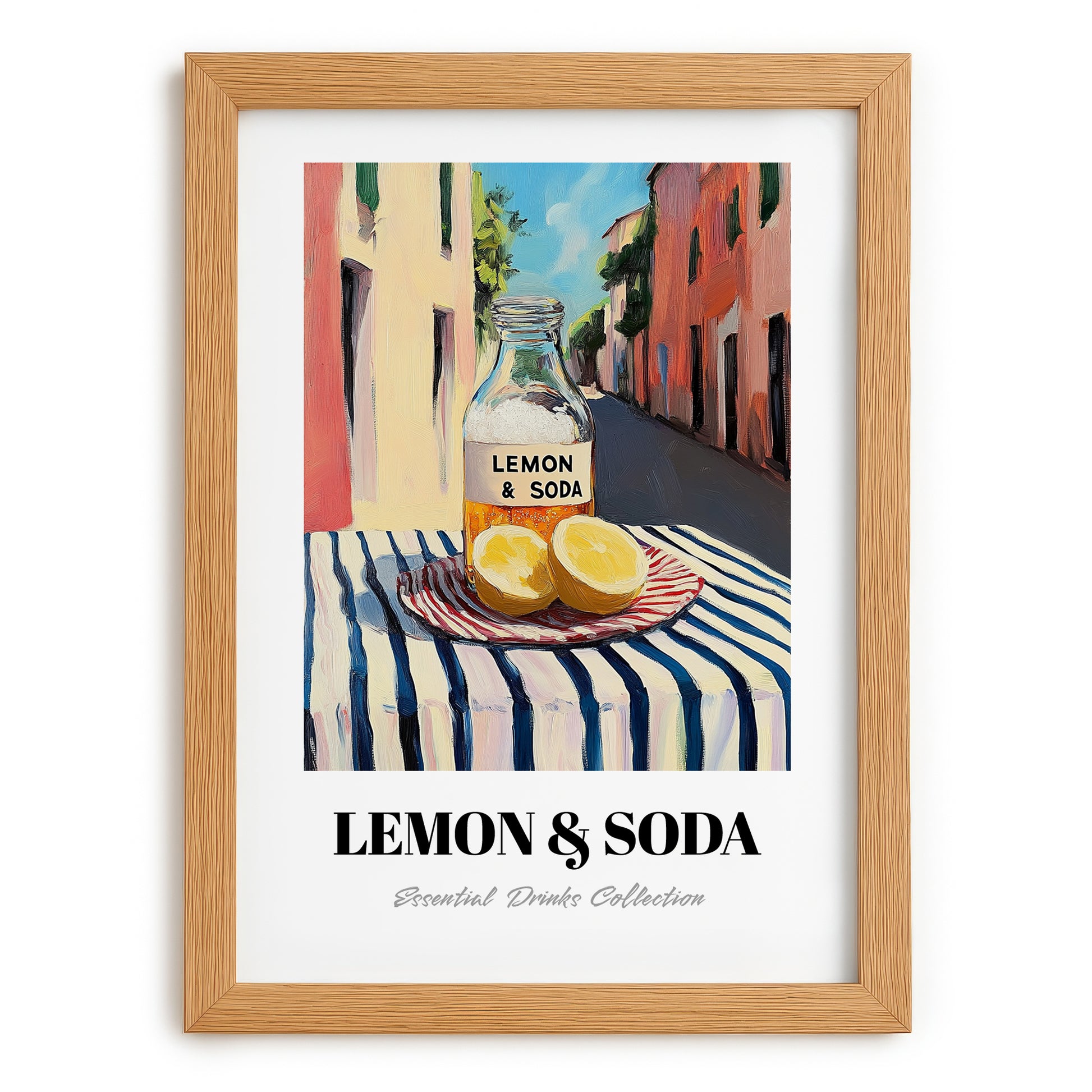 Lemon & Soda – Italian Outdoor Café Scene, Lemonade Painting, set in oak frame