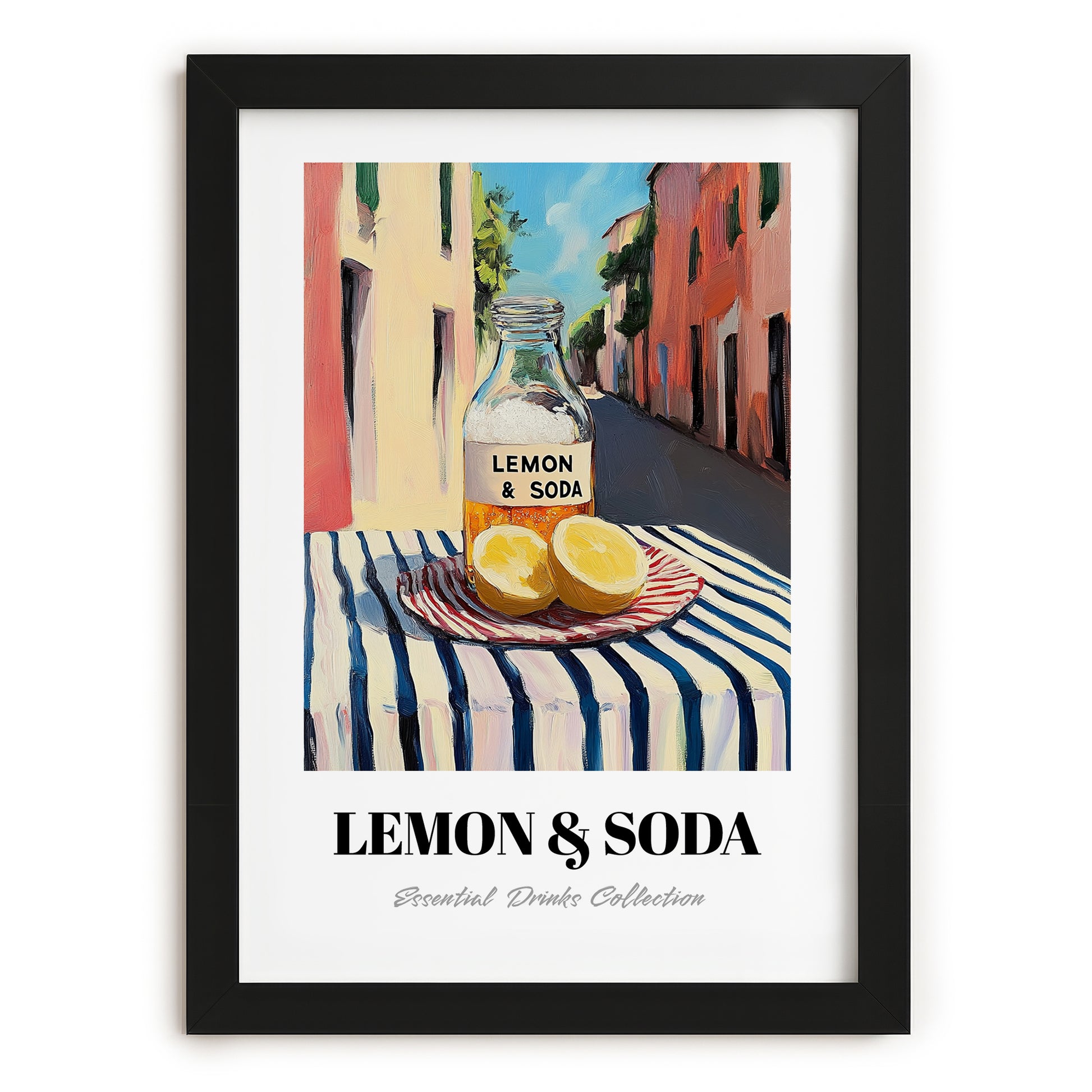 Lemon & Soda – Italian Outdoor Café Scene, Lemonade Painting, in sleek black frame