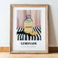 Lemonade – on Striped Tablecloth, Lemonade Poster, in wooden frame leaning on the floor