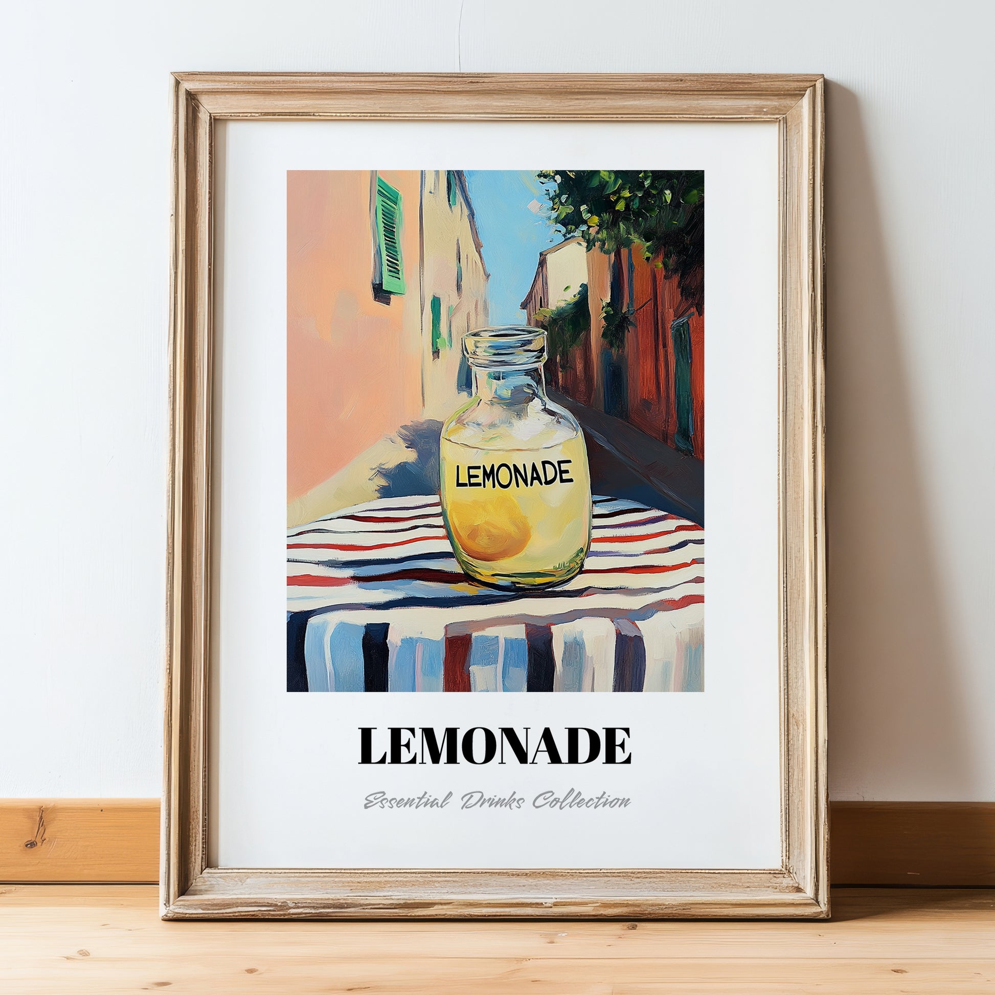 Lemonade – Italian Street Café Scene, Lemonade Illustration, in wooden frame leaning on the floor