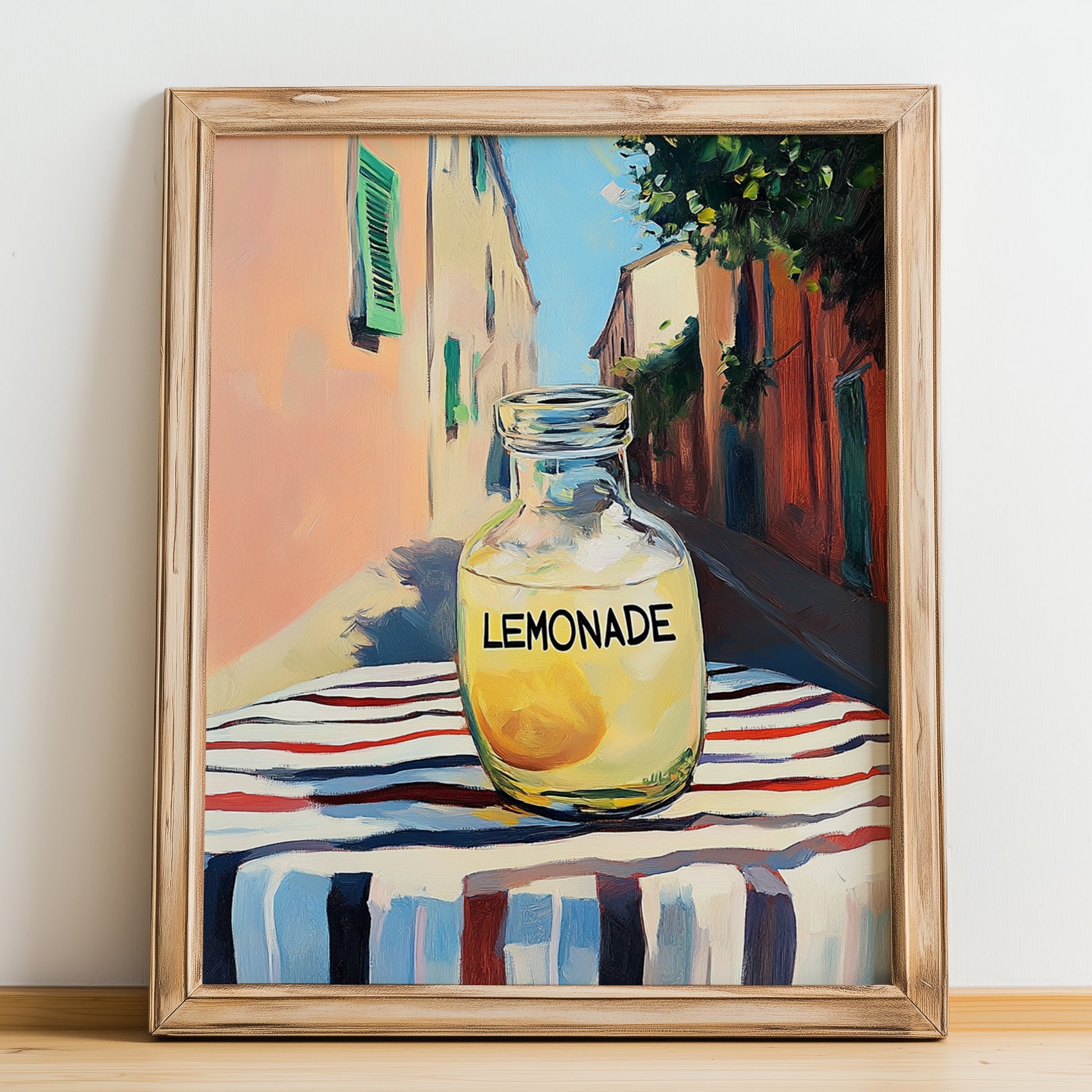 Lemonade – Italian Street Café Scene, Lemonade Illustration, no-text version framed in wood