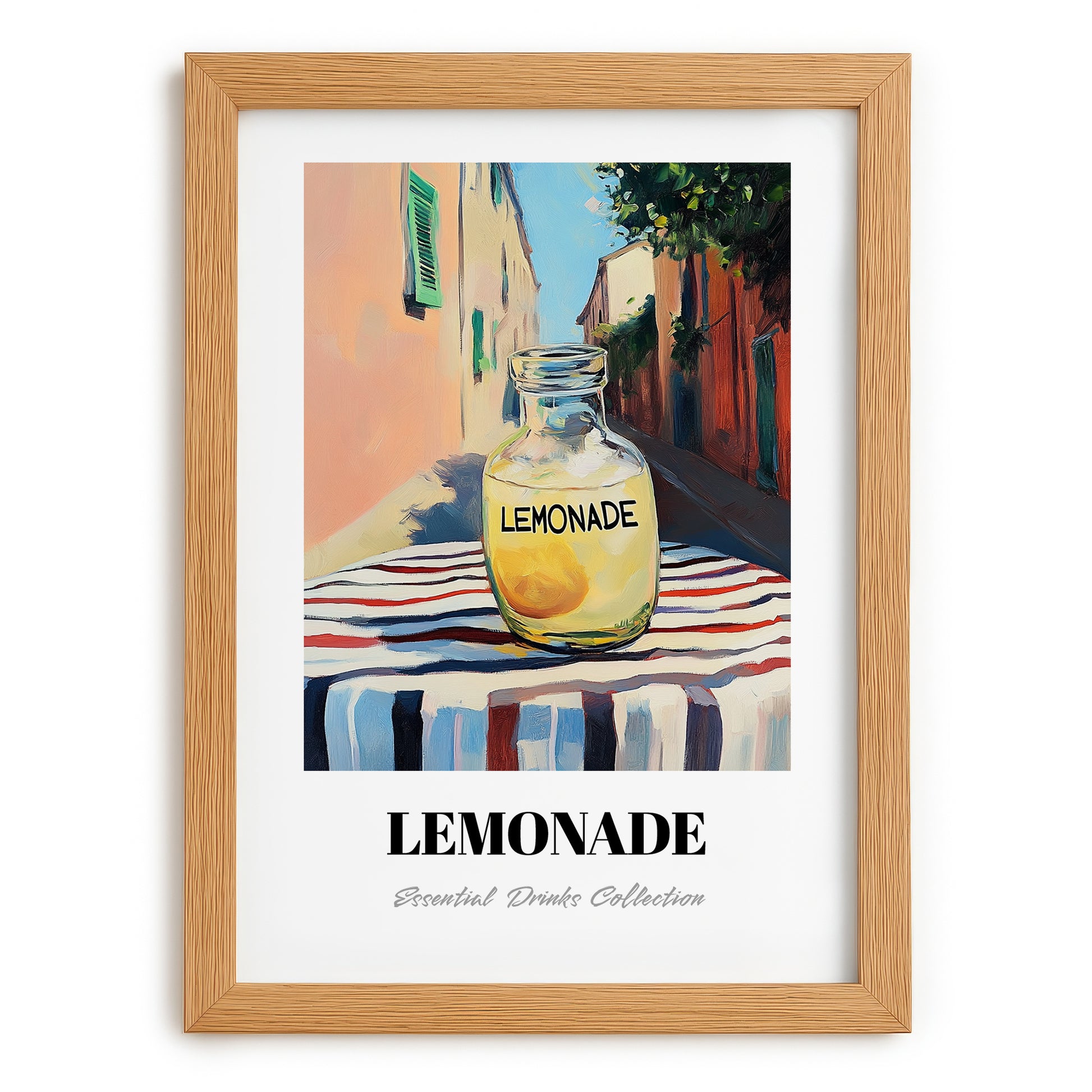 Lemonade – Italian Street Café Scene, Lemonade Illustration, set in oak frame