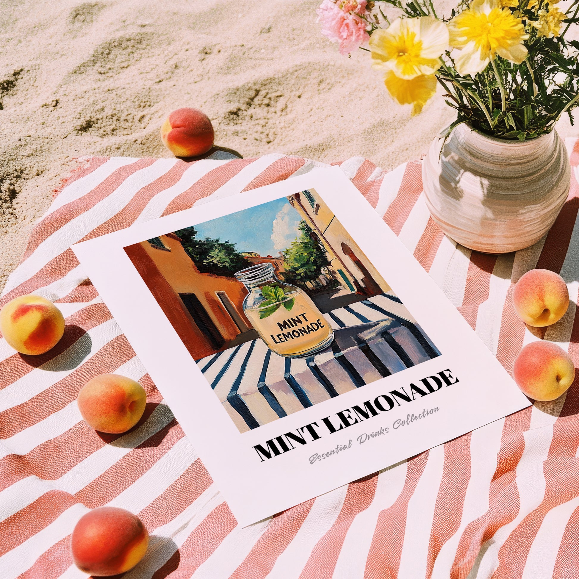 Mint Lemonade – Italian Outdoor Café Scene, Lemonade Still Life, unframed on coastal sand