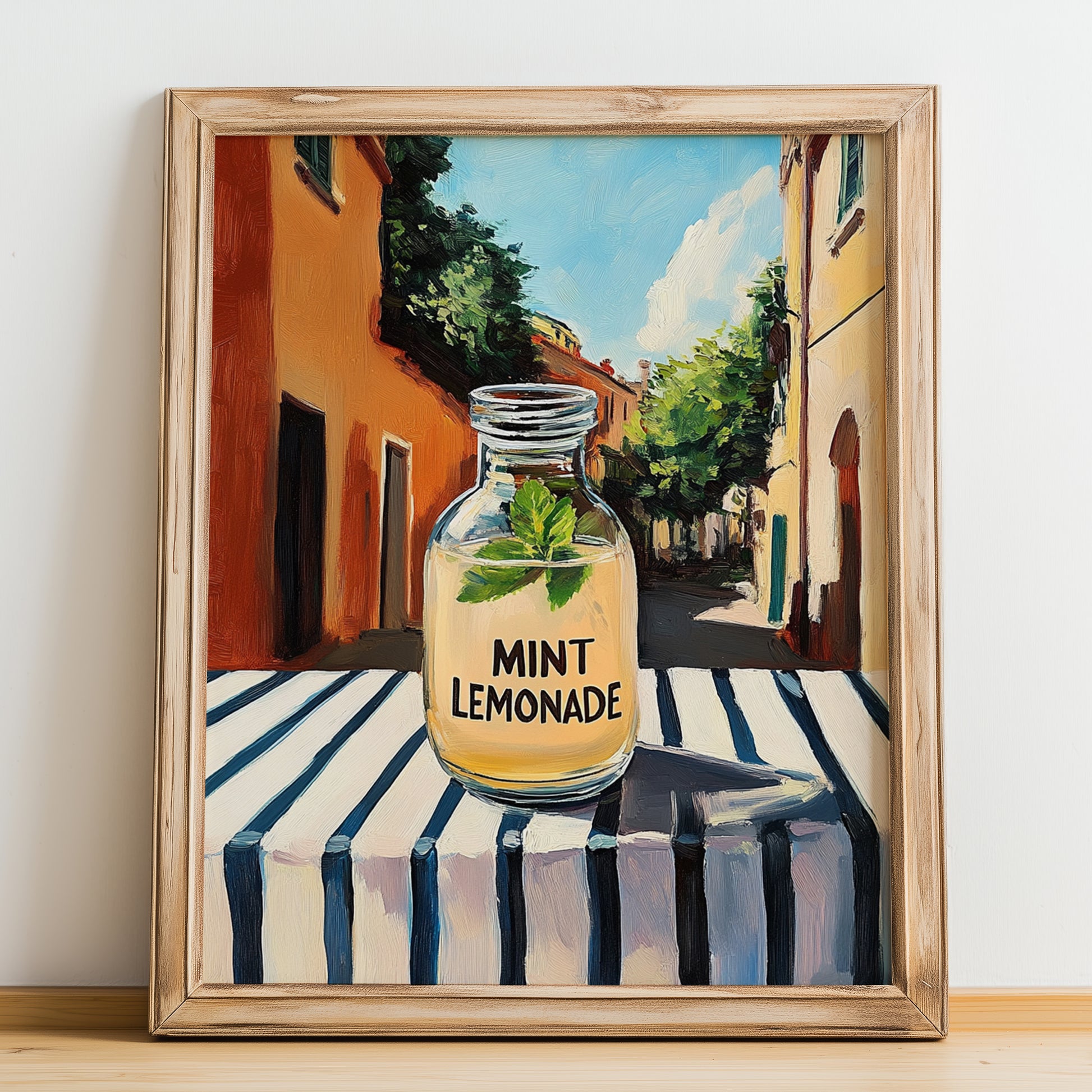 Mint Lemonade – Italian Outdoor Café Scene, Lemonade Still Life, no-text version framed in wood