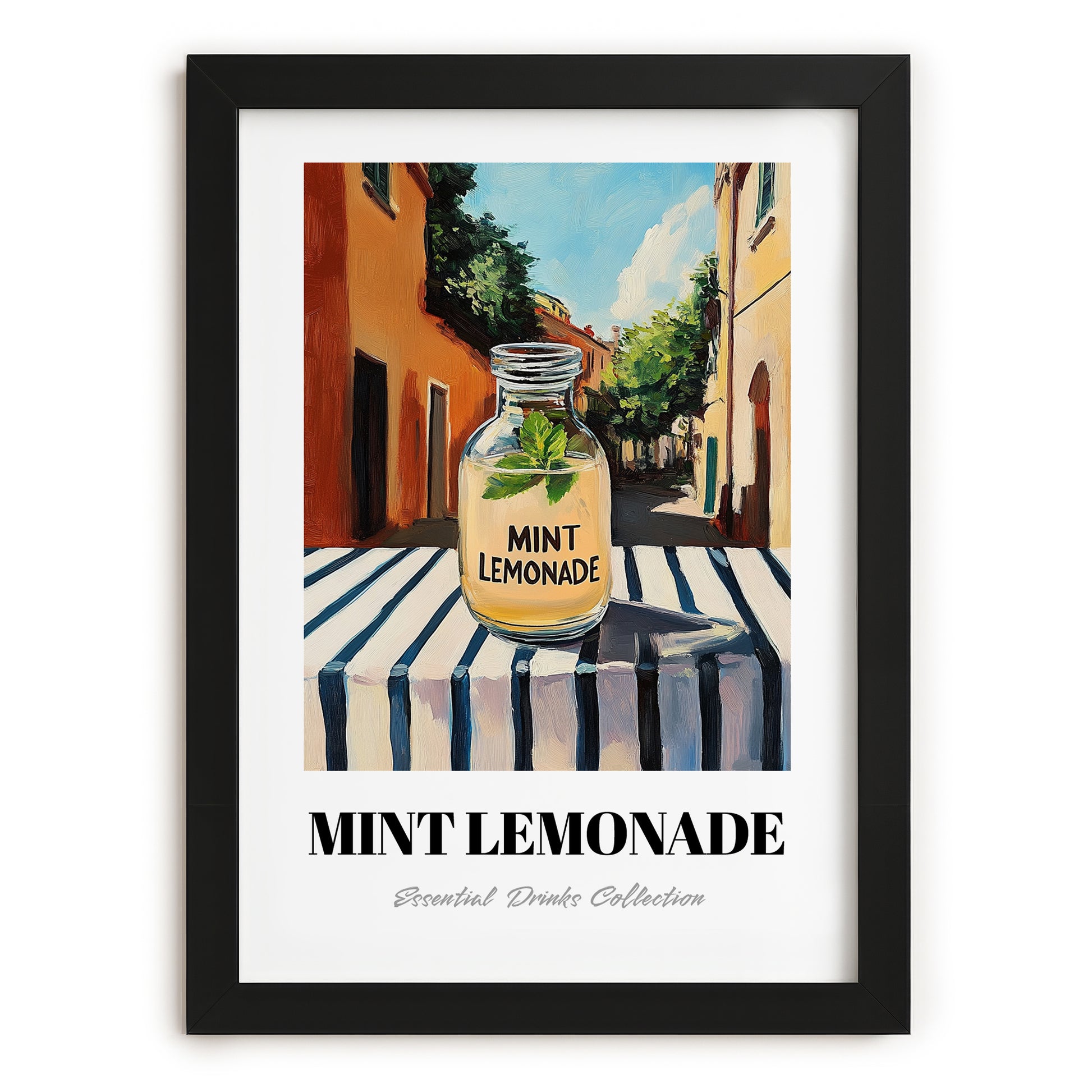 Mint Lemonade – Italian Outdoor Café Scene, Lemonade Still Life, in sleek black frame