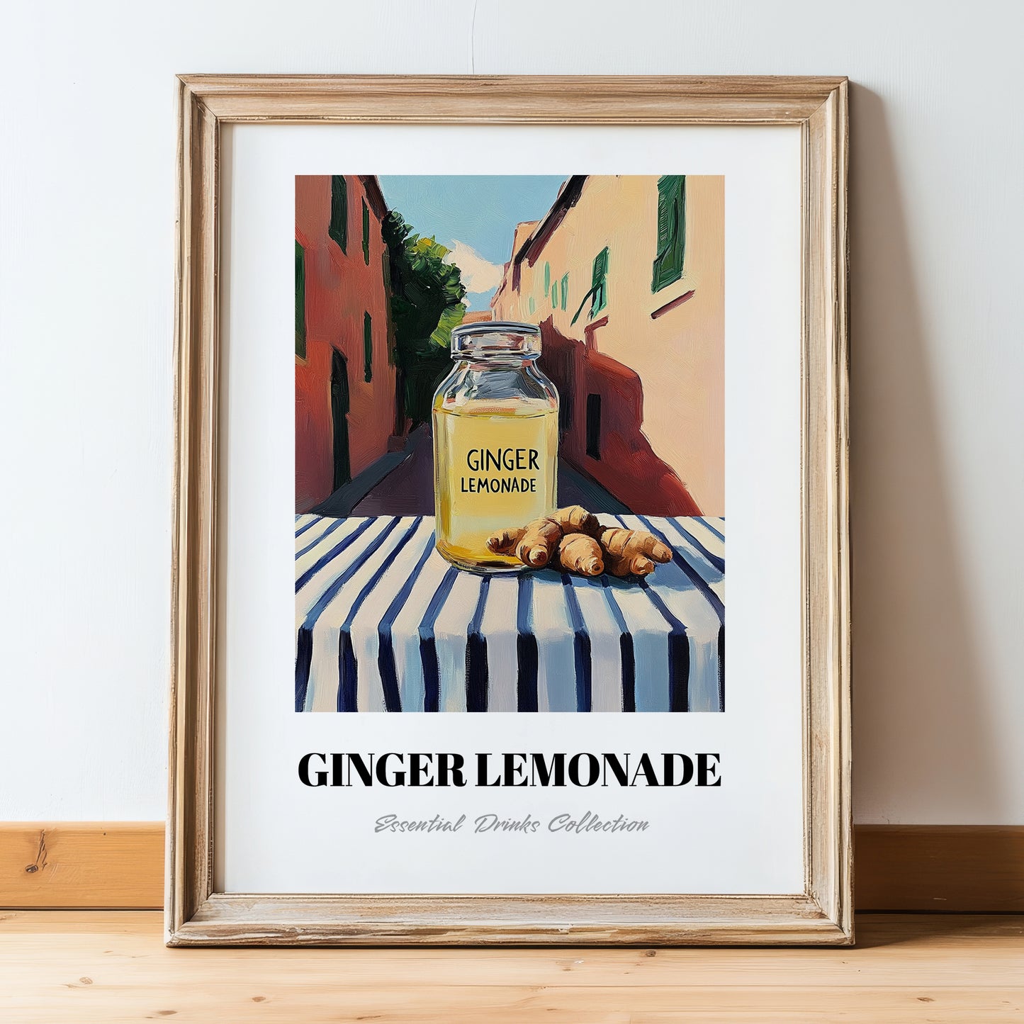 Ginger Lemonade – Italian Street Café Scene, Lemonade Still Life, in wooden frame leaning on the floor