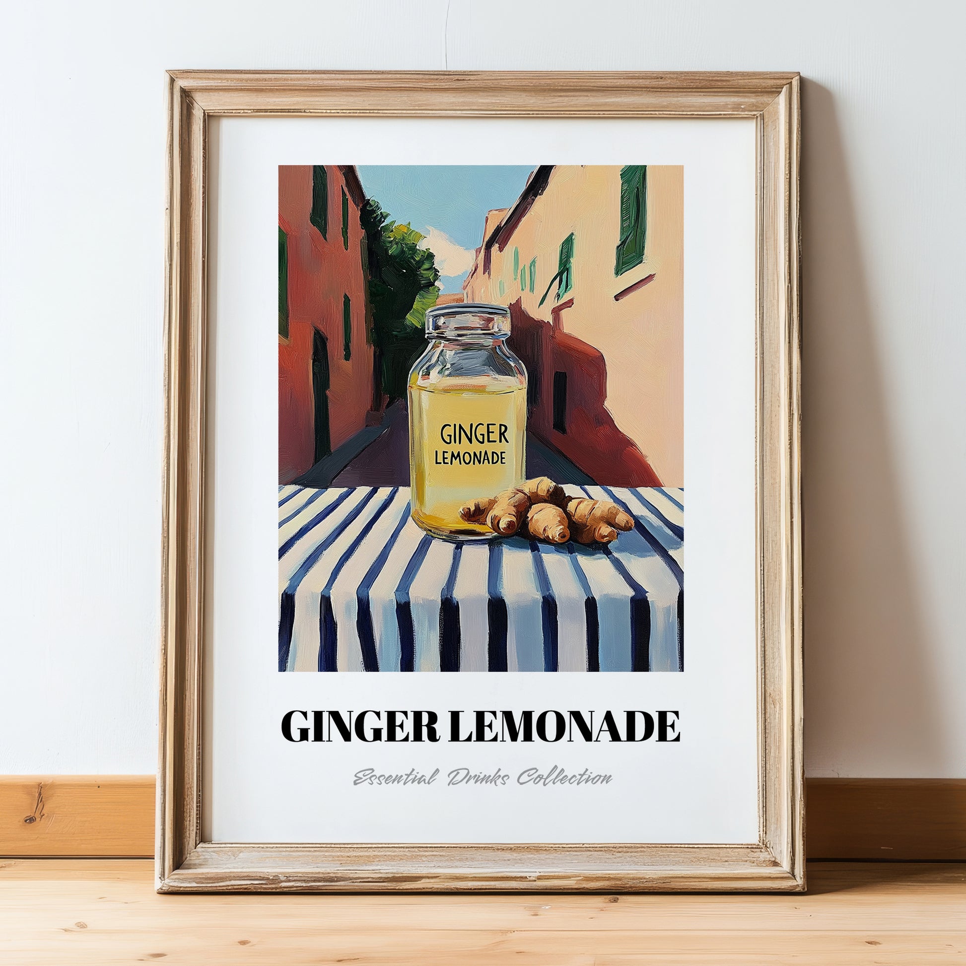 Ginger Lemonade – Italian Street Café Scene, Lemonade Still Life, in wooden frame leaning on the floor