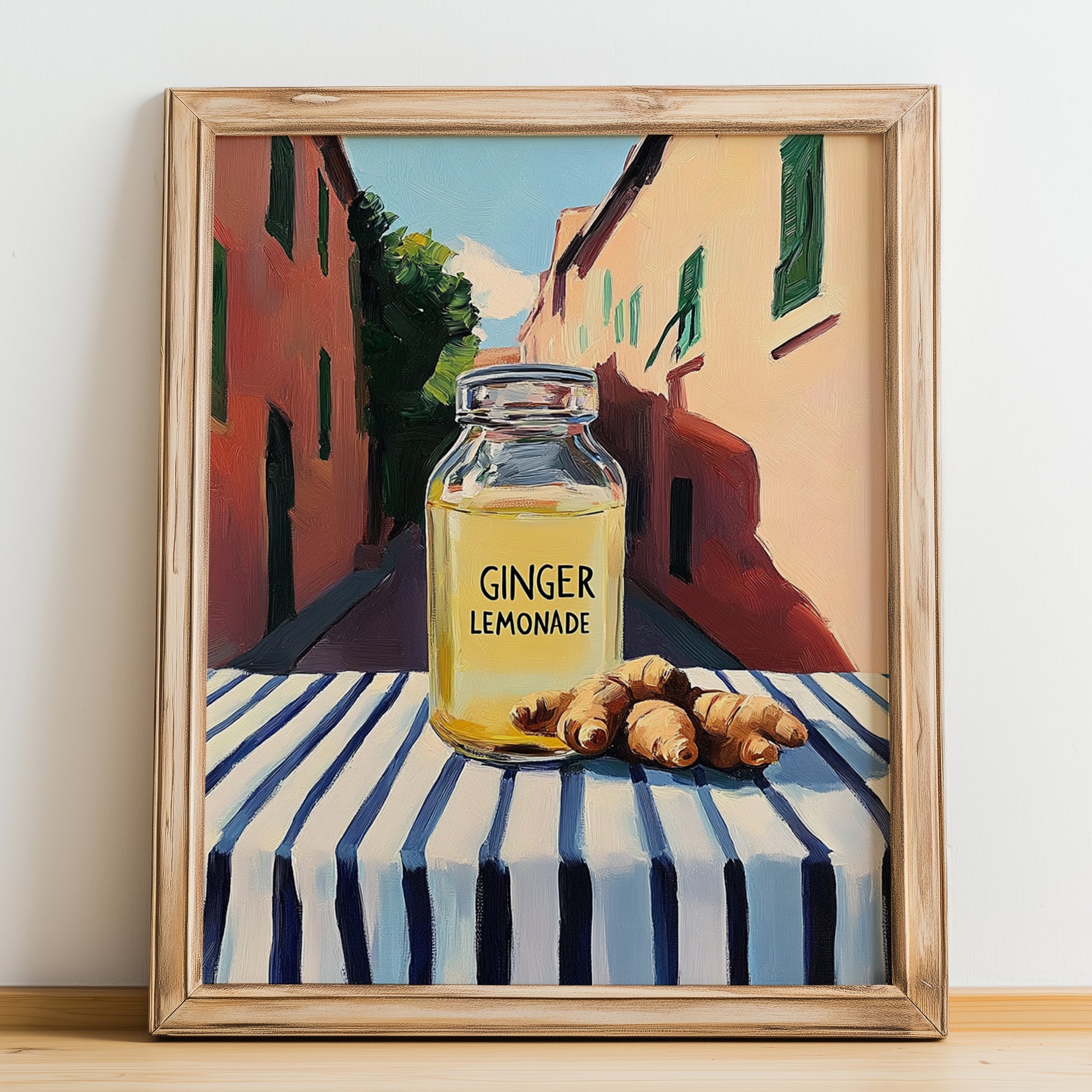 Ginger Lemonade – Italian Street Café Scene, Lemonade Still Life, no-text version framed in wood