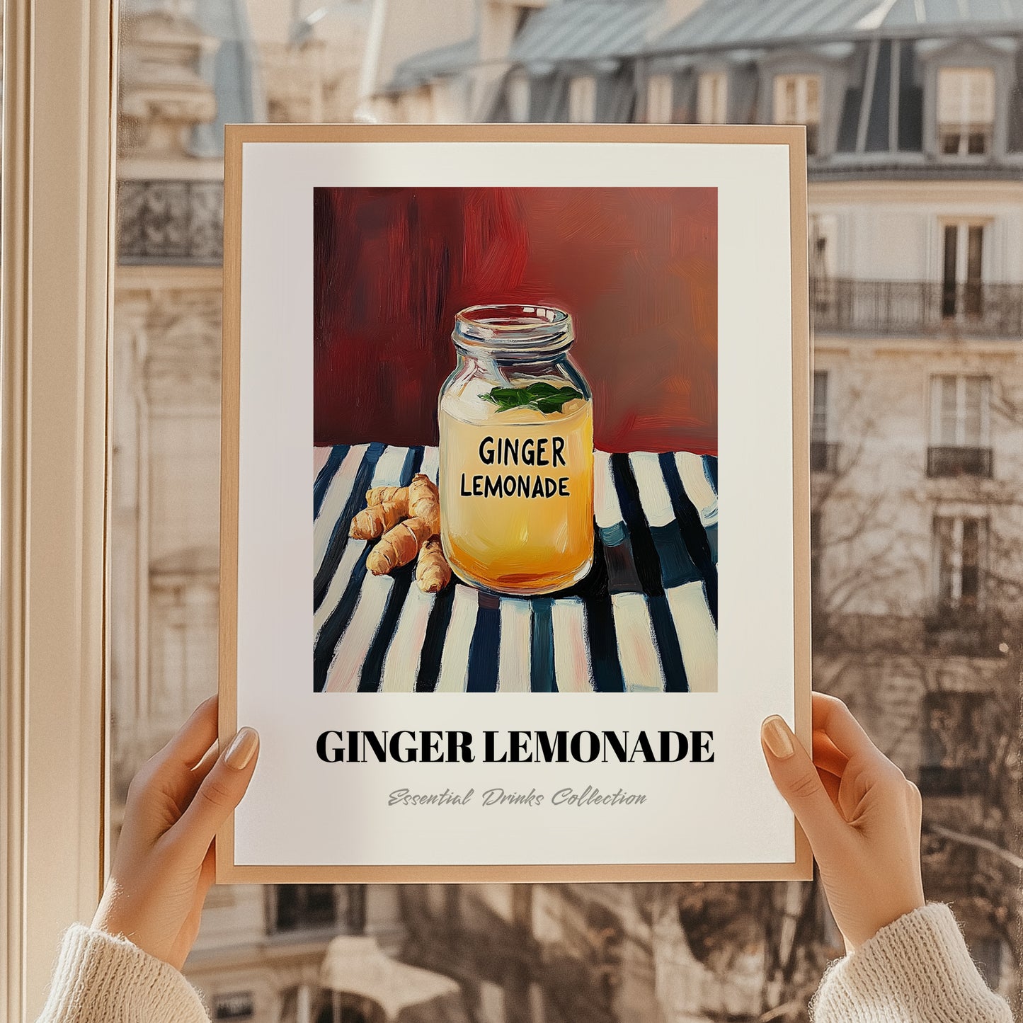 Ginger Lemonade – on Striped Tablecloth, Lemonade Wall Decor, styled in a charming Paris street view
