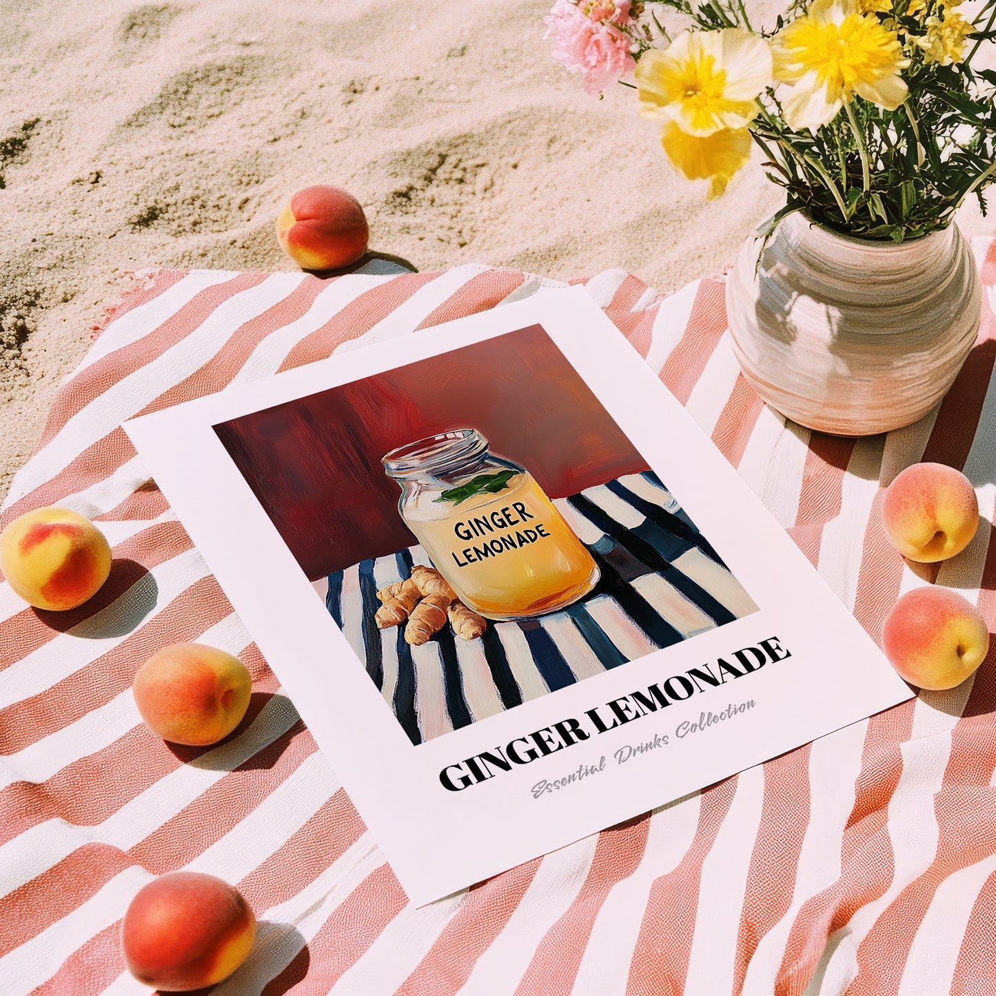 Ginger Lemonade – on Striped Tablecloth, Lemonade Wall Decor, unframed on coastal sand
