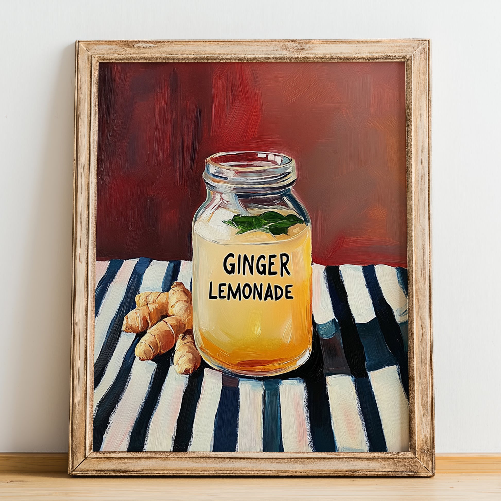 Ginger Lemonade – on Striped Tablecloth, Lemonade Wall Decor, no-text version framed in wood