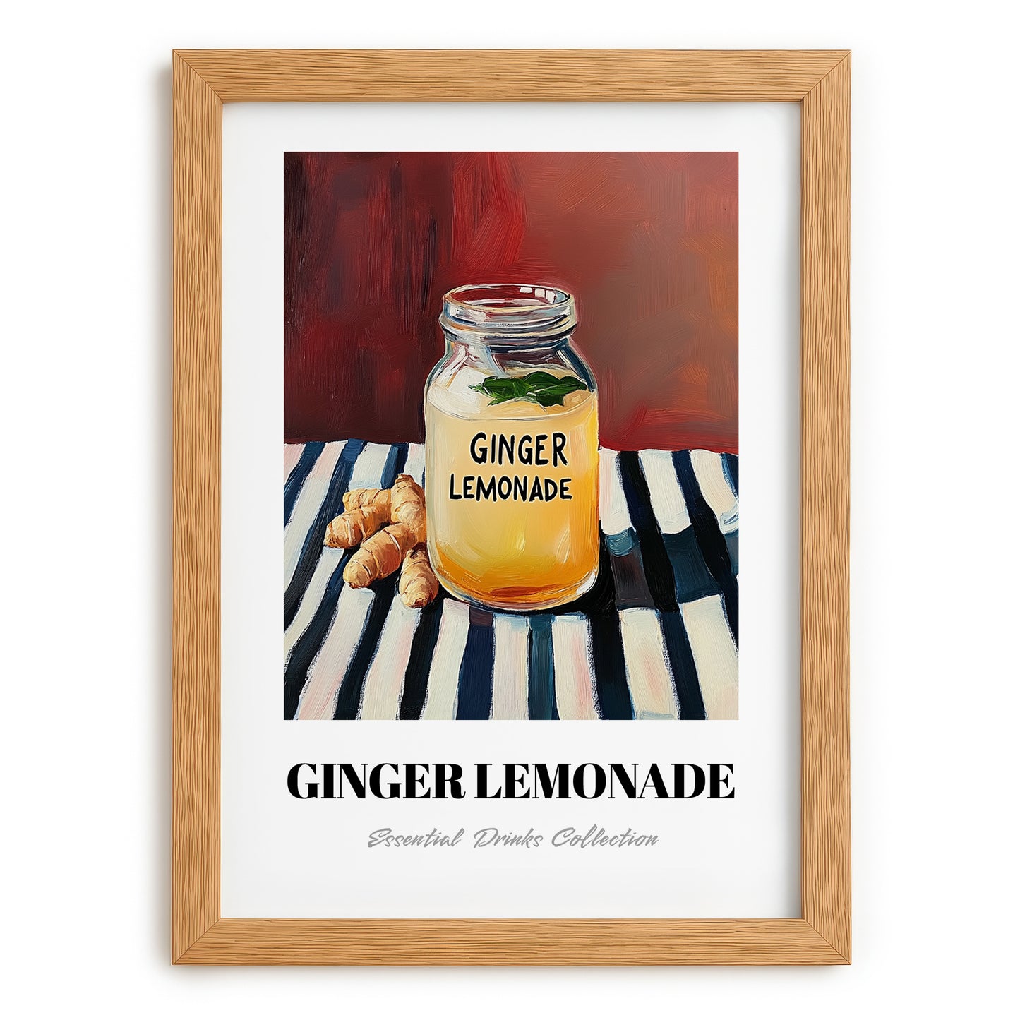 Ginger Lemonade – on Striped Tablecloth, Lemonade Wall Decor, set in oak frame