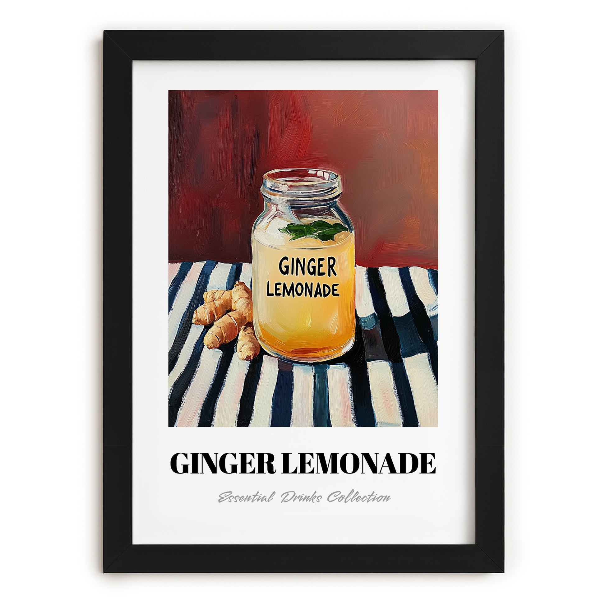 Ginger Lemonade – on Striped Tablecloth, Lemonade Wall Decor, in sleek black frame
