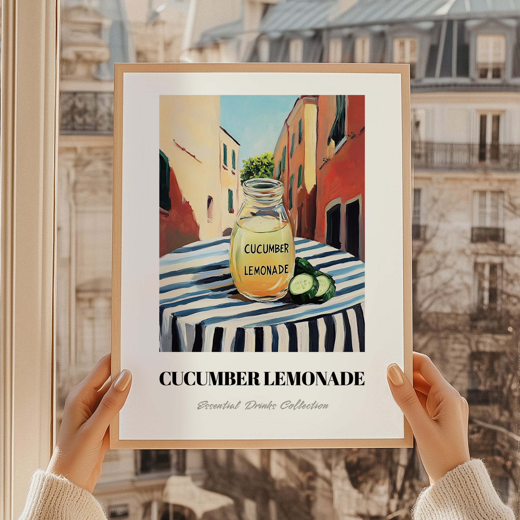 Cucumber Lemonade – Italian Street Café Scene, Lemonade Painting, styled in a charming Paris street view