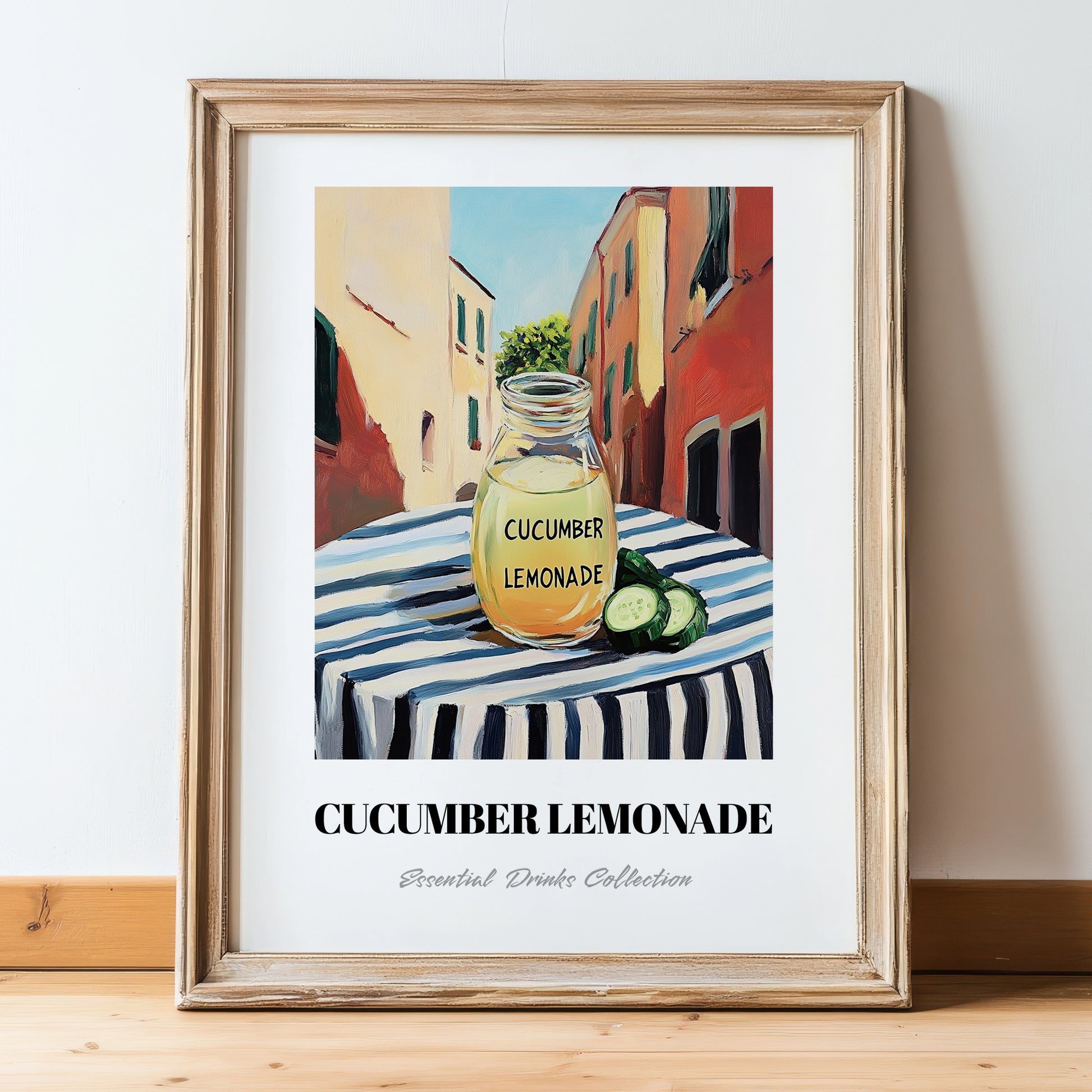 Cucumber Lemonade – Italian Street Café Scene, Lemonade Painting, in wooden frame leaning on the floor