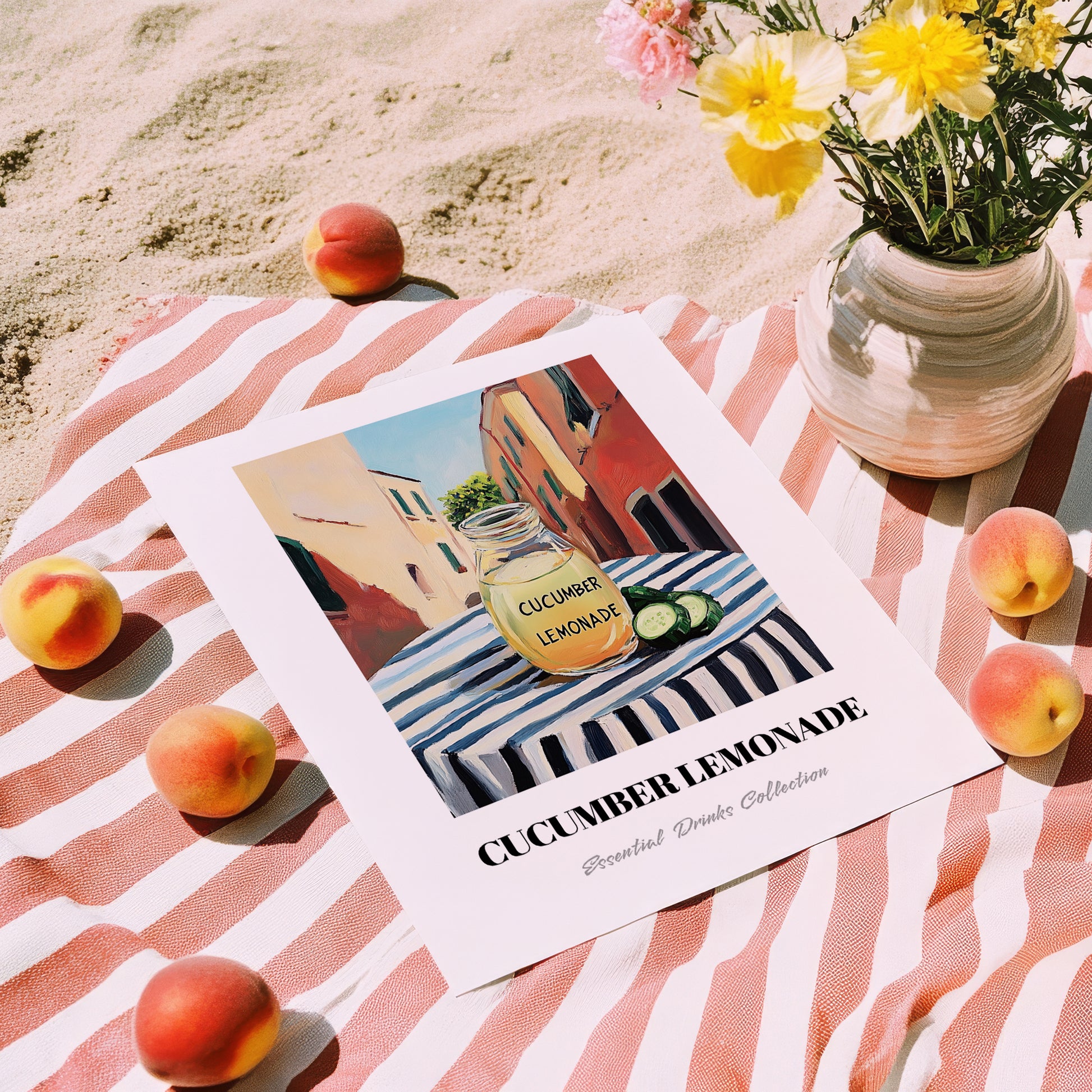 Cucumber Lemonade – Italian Street Café Scene, Lemonade Painting, unframed on coastal sand