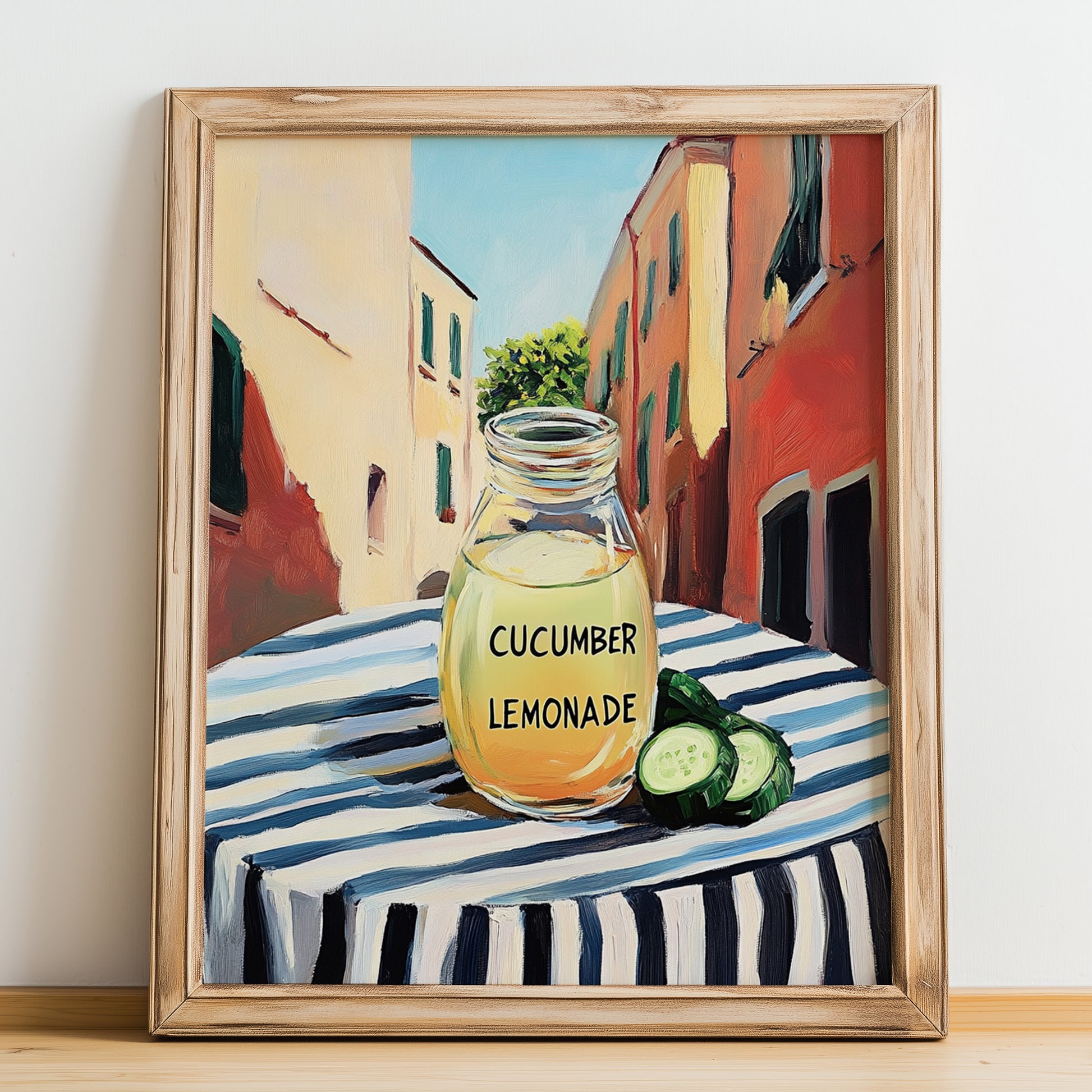Cucumber Lemonade – Italian Street Café Scene, Lemonade Painting, no-text version framed in wood