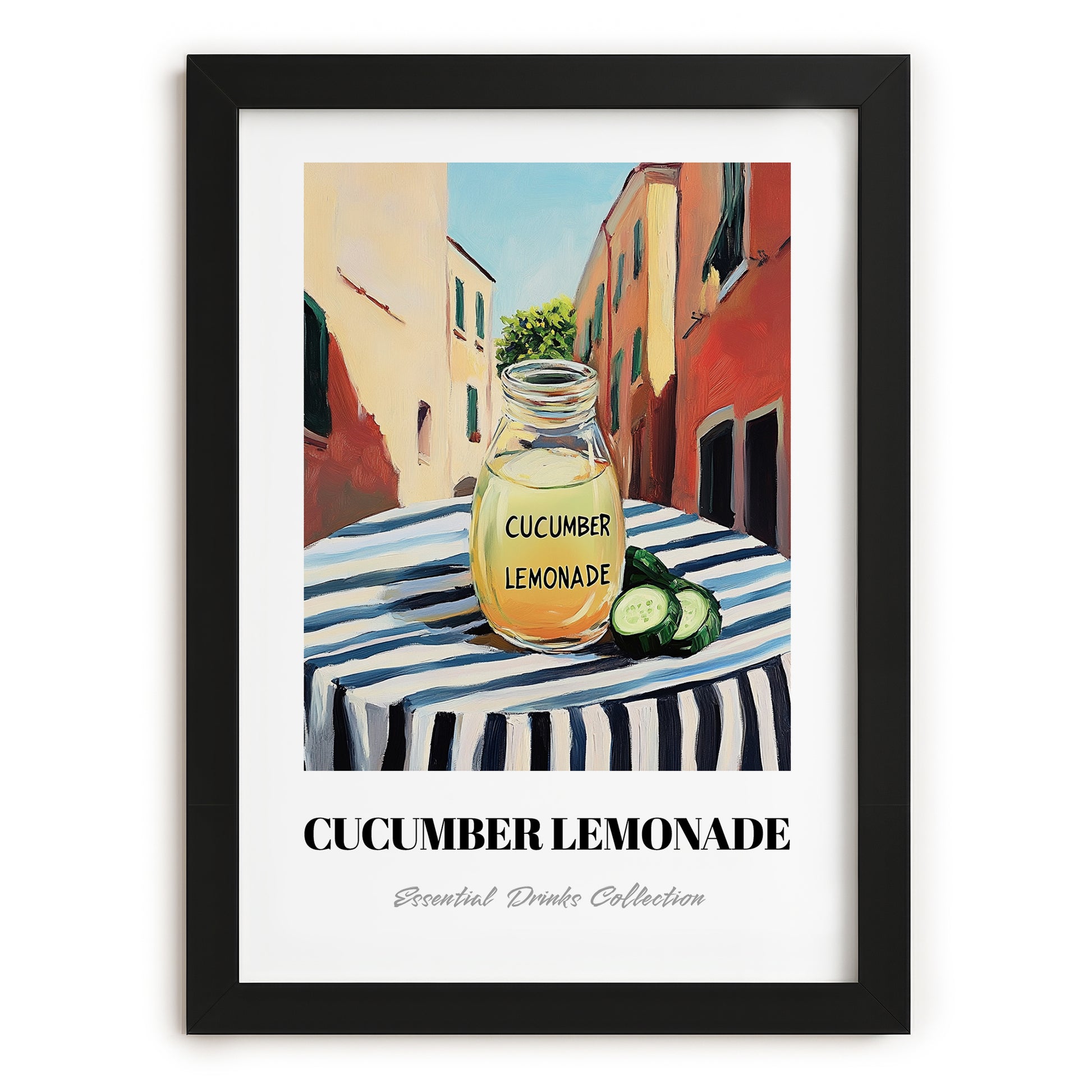 Cucumber Lemonade – Italian Street Café Scene, Lemonade Painting, in sleek black frame