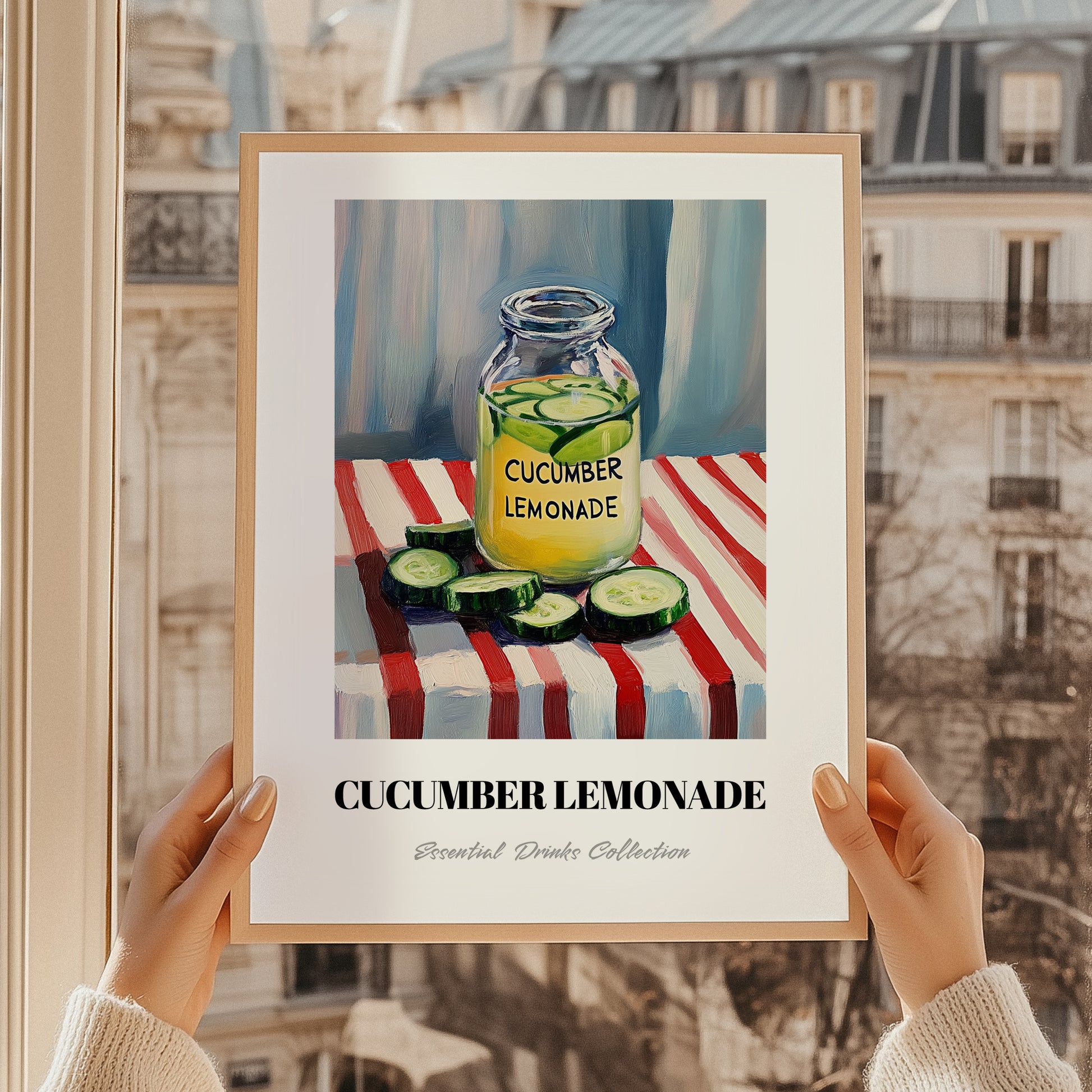 Cucumber Lemonade – on Striped Tablecloth, Lemonade Poster, styled in a charming Paris street view