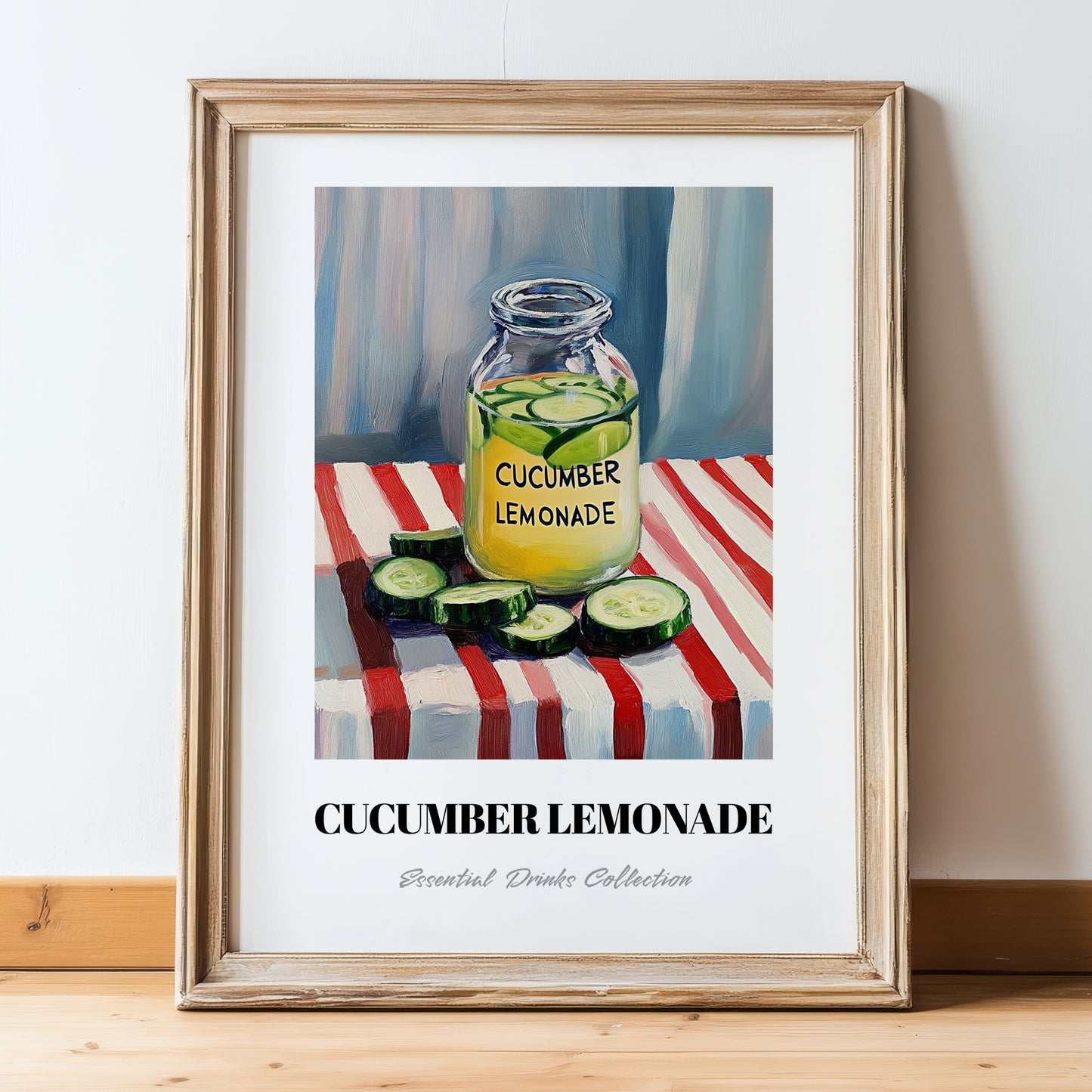 Cucumber Lemonade – on Striped Tablecloth, Lemonade Poster, in wooden frame leaning on the floor