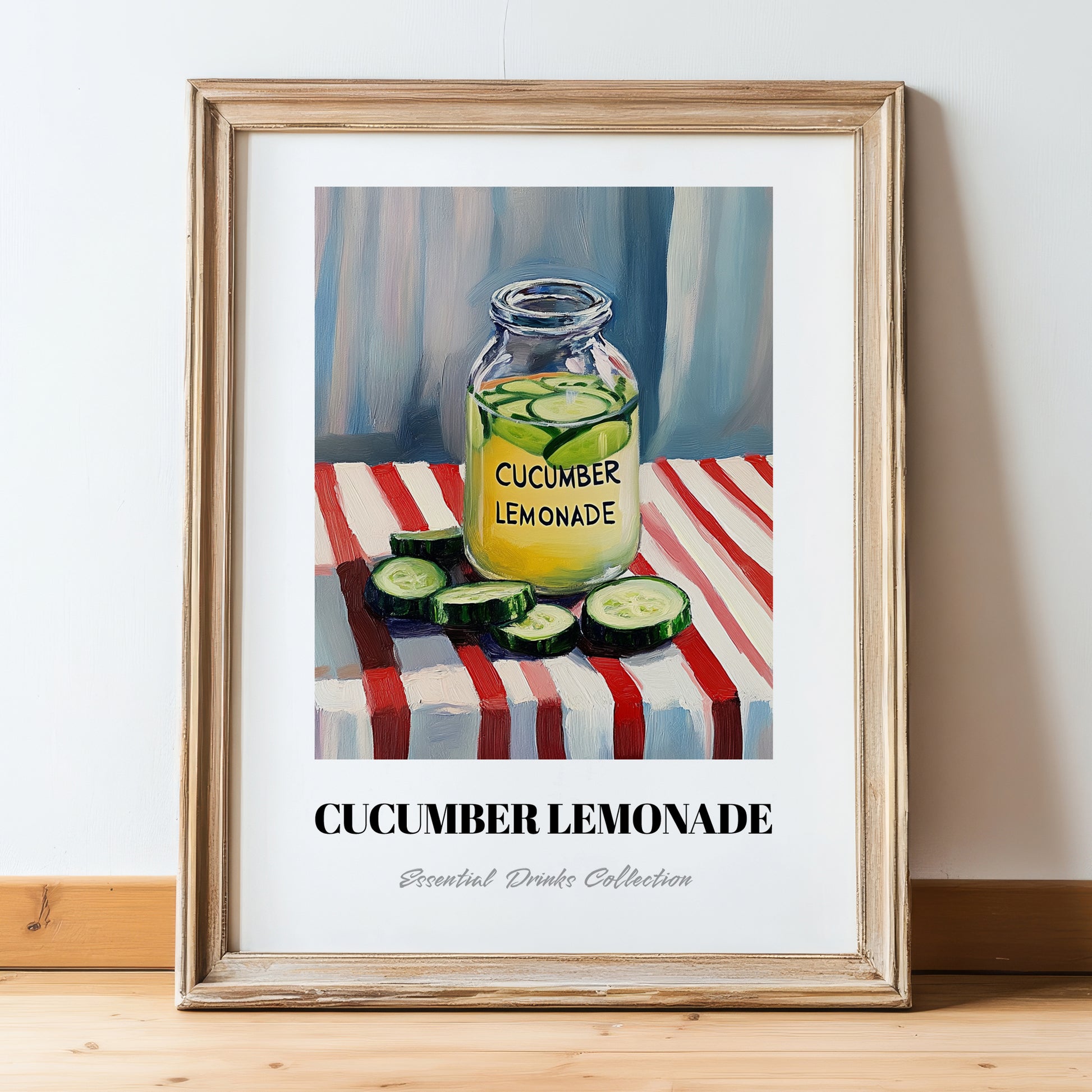 Cucumber Lemonade – on Striped Tablecloth, Lemonade Poster, in wooden frame leaning on the floor