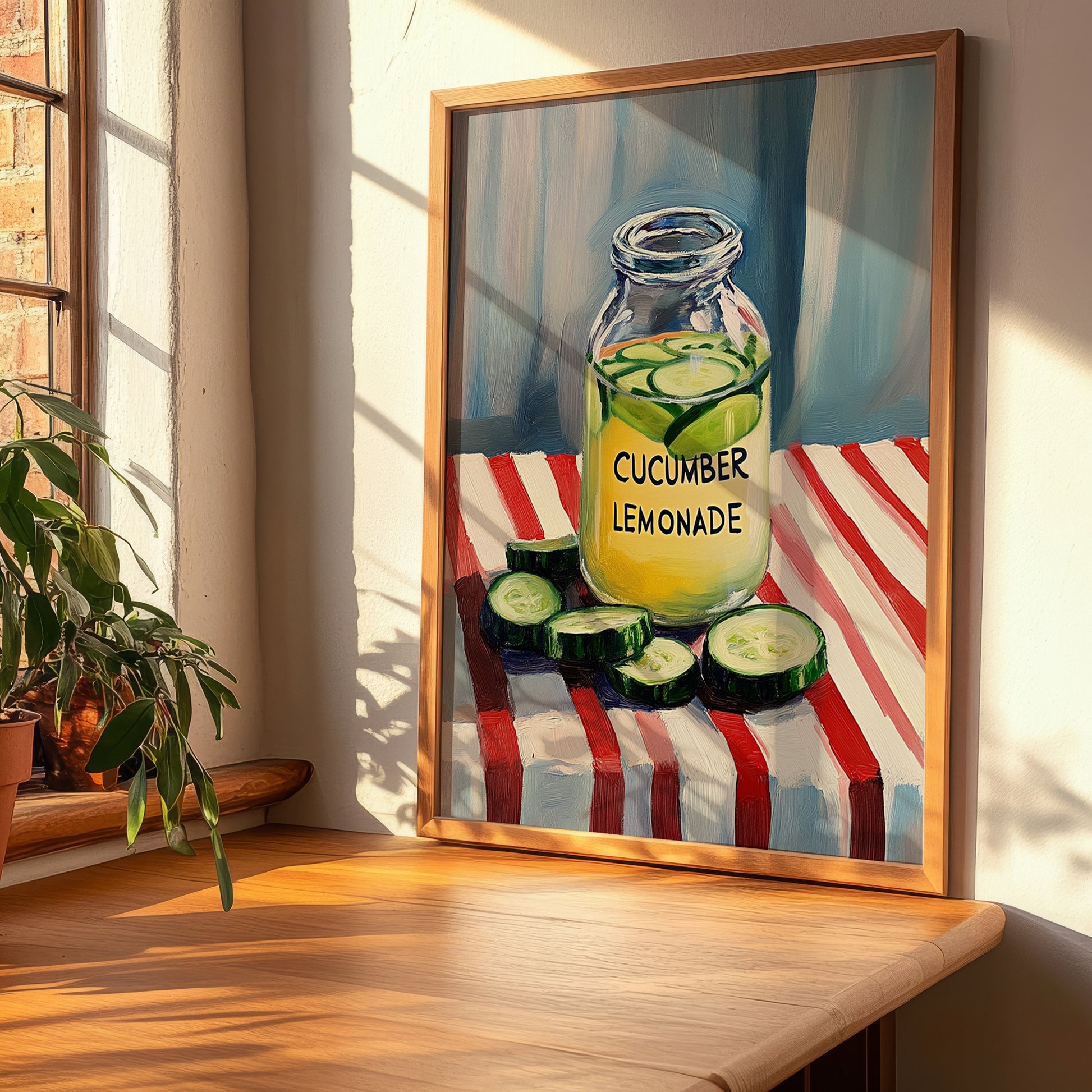 Cucumber Lemonade – on Striped Tablecloth, Lemonade Poster, clean layout with no caption