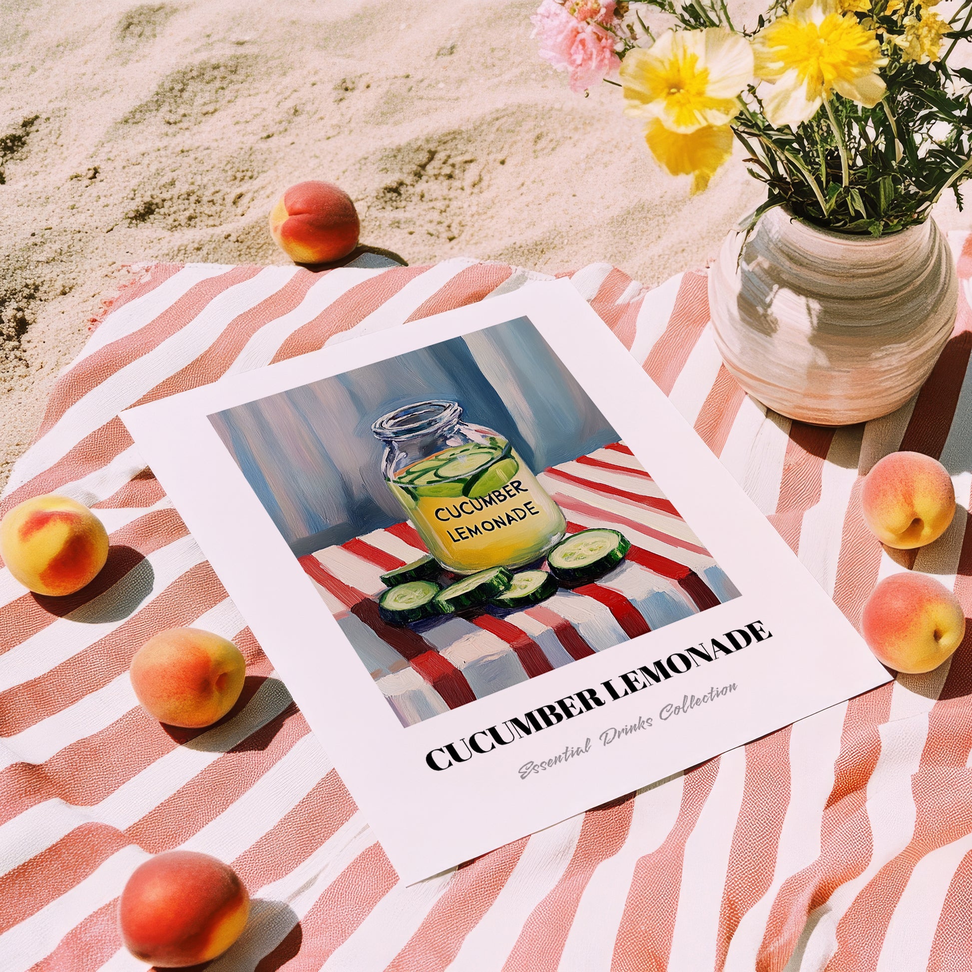Cucumber Lemonade – on Striped Tablecloth, Lemonade Poster, unframed on coastal sand