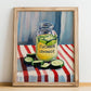 Cucumber Lemonade – on Striped Tablecloth, Lemonade Poster, no-text version framed in wood